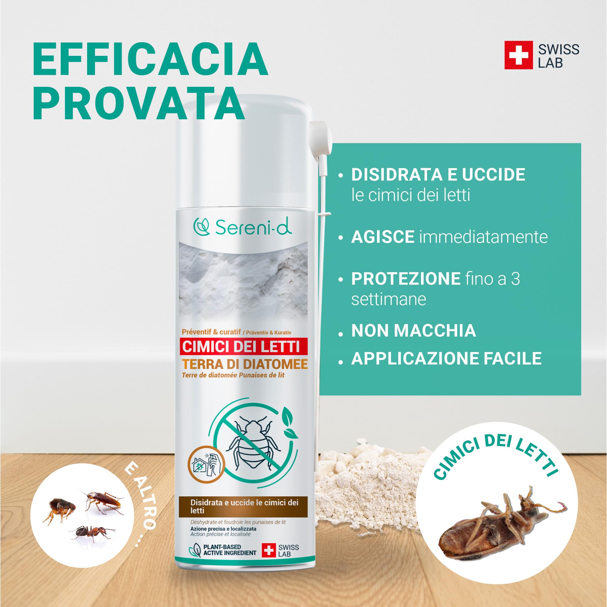 TERRA DI DIATOMEE CIMICI DA LETTO – AEROSOL ANTI CIMICI DA LETTO – EFFICACIA FULMINANTE – Ingredienti 100% naturali - Azione IMMEDIATA ed EFFICACE - Swiss Lab