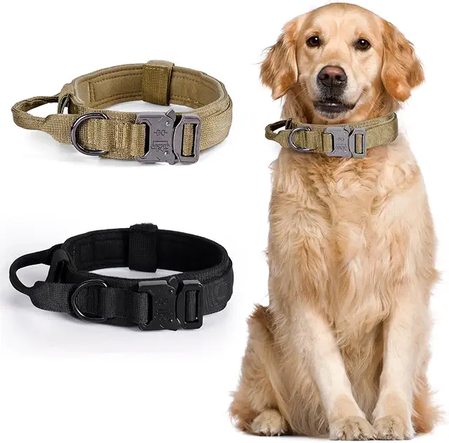 Taktisches Hundehalsband mit Griff - Verstellbares Nylon-Militärhalsband für Training (Braun, L)