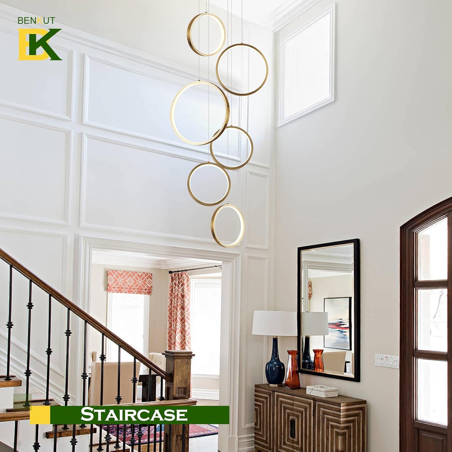 Modern LED Chandelier 6 Ring Gold LED Pendant Light Adjustable Height Hanging Ceiling Light Fixture Dimmable Chandelier Ceiling Hanging for Foyer, Entryway (98.5in 3000K-6500K)