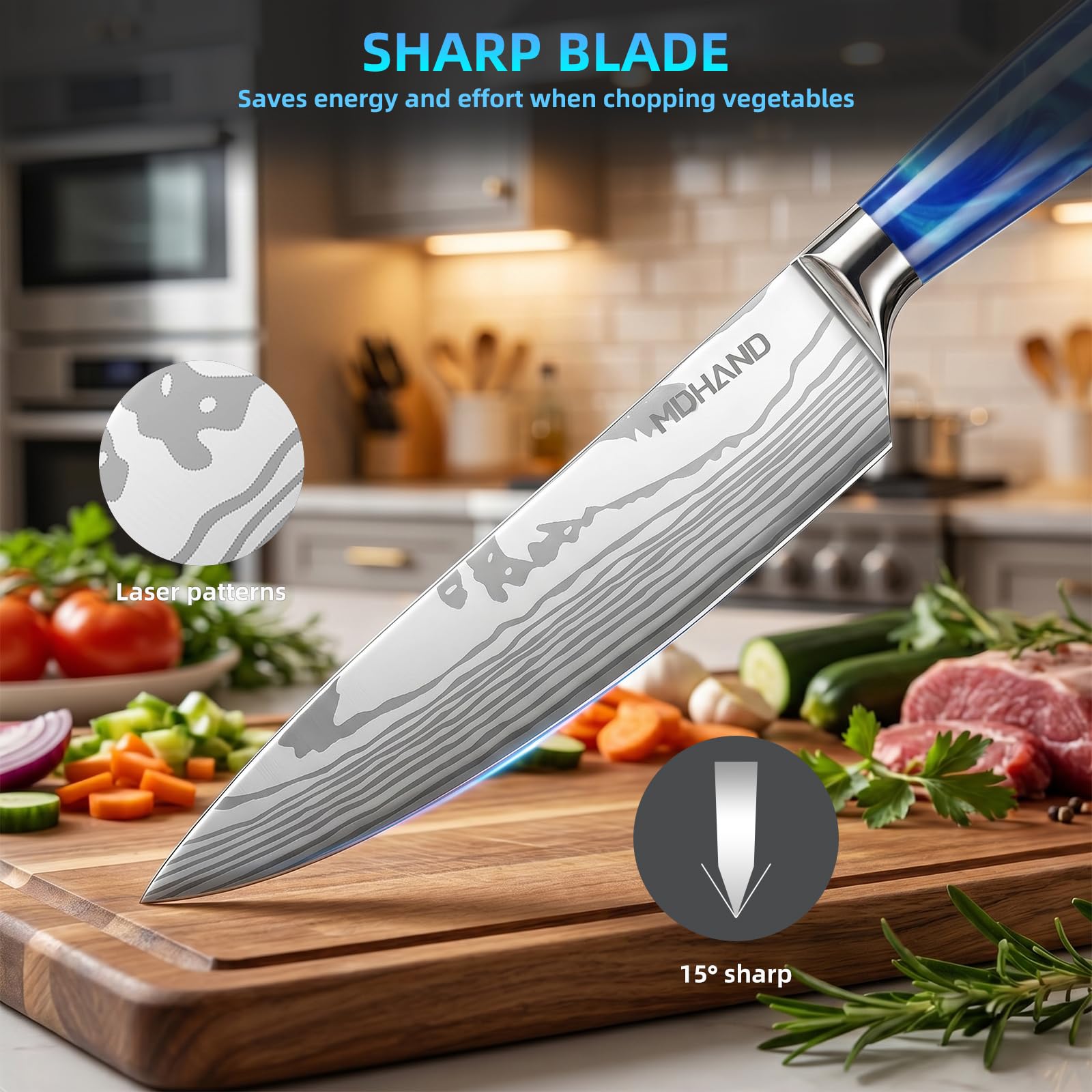 MDHAND Couteaux de Cuisine, Couteau Japonais Tranchant en acier inoxydable en plusieurs tailles avec Poignée confortable, Couteau de Chef Antirouille Cuisine et Cadeau Disponibles