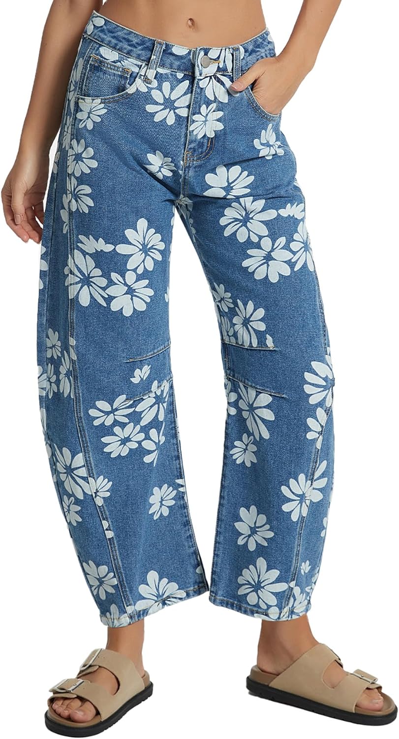 Kedera Women's Baggy Barrel Jeans Wide Leg Mid Rise Y2K Boyfriend Jeans Casual Floral Printed Ankle Denim Pants