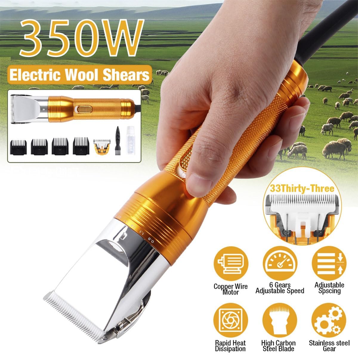 Professionelle Fellschere für Hunde, robuste elektrische Schere mit verstellbarem Klingenabstand und Begrenzungskamm für Haustiere und Nutztiere mit langem Haar