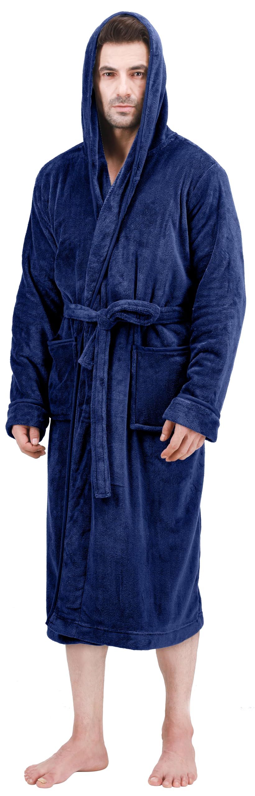 ny threads mens robe with hood, luxury plush fleece hooded mens bathrobe, spa bath robe for men, small/medium, navy