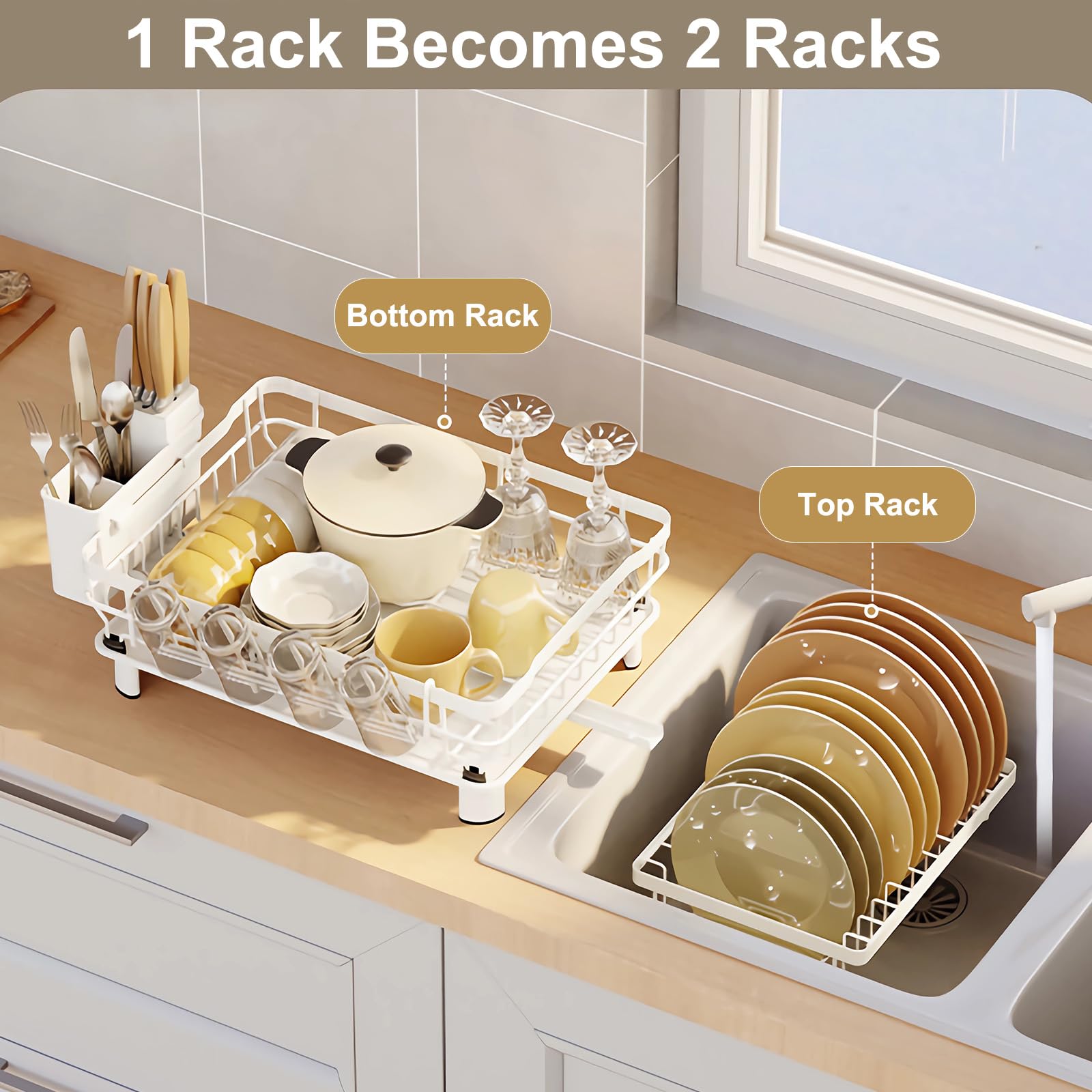 Escurreplatos Acero Inoxidable, Escurridor de Platos para Fregadero, Escurridor Fregadero con Bandeja Recogegotas, Portautensilios y Portavasos, Escurridor Platos para Encimera, Escurreplatos Blanco
