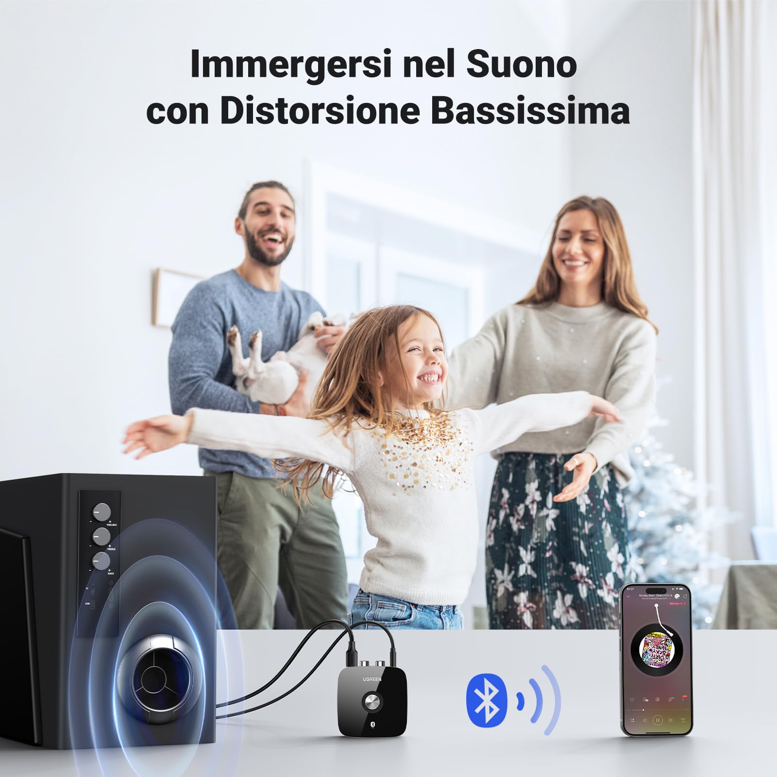 UGREEN Ricevitore Bluetooth 5.1 aptX HD Adattatore Audio 2RCA 3,5 mm HiFi EDR Bassa Latenza Wireless