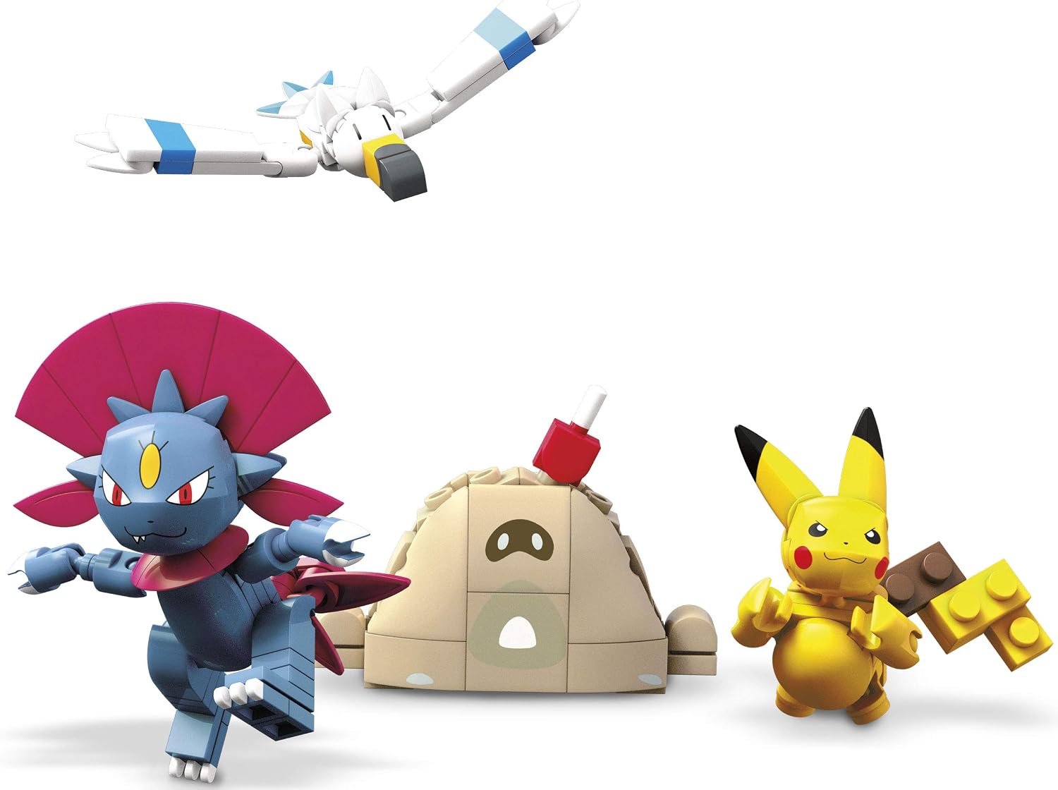 Assembled figures of Weavile, Sandygast, Wingull, and Pikachu from the Mega Construx set, standing together.
