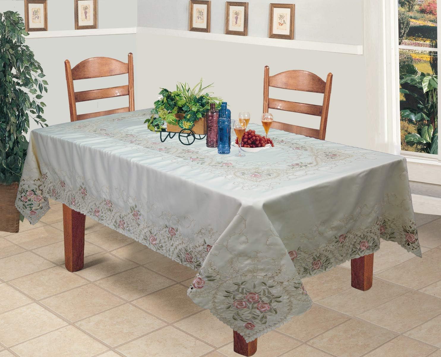 Creative Linens Mantel floral bordado rosa rosa 70×104 rectangular y 12 servilletas beige primavera pastel mantel