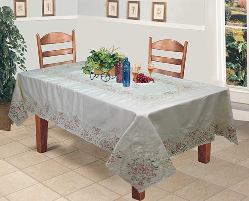 Creative Linens Mantel floral bordado rosa rosa 70x104 rectangular y 12 servilletas beige primavera pastel mantel