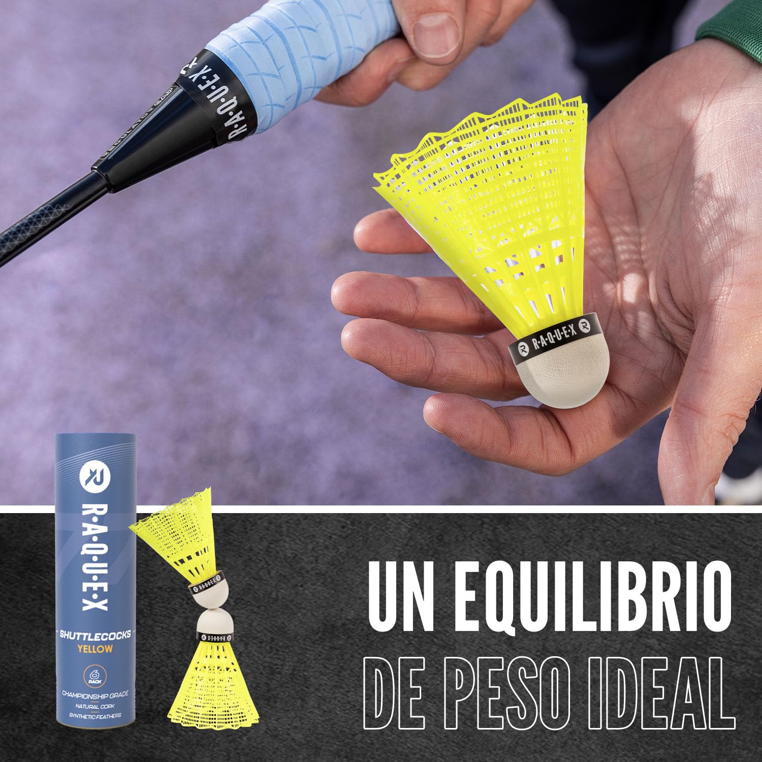 Raquex Tubo de 6 Volantes de Bádminton de Nailon y Corcho Natural, 3 Velocidades, Blanco/Amarillo