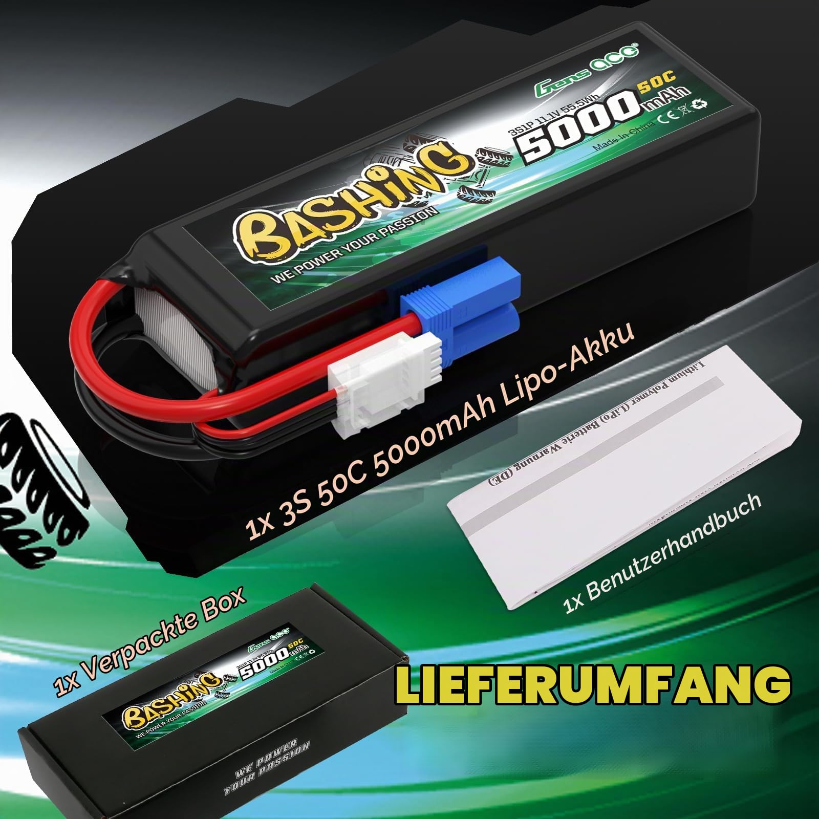 Gens ace 3S Lipo 5000mAh 11.1V 3S1P 50C Bashing Lipo Akku mit EC5 Stecker für die meisten RC-Autos im Maßstab 1/8, 1/10