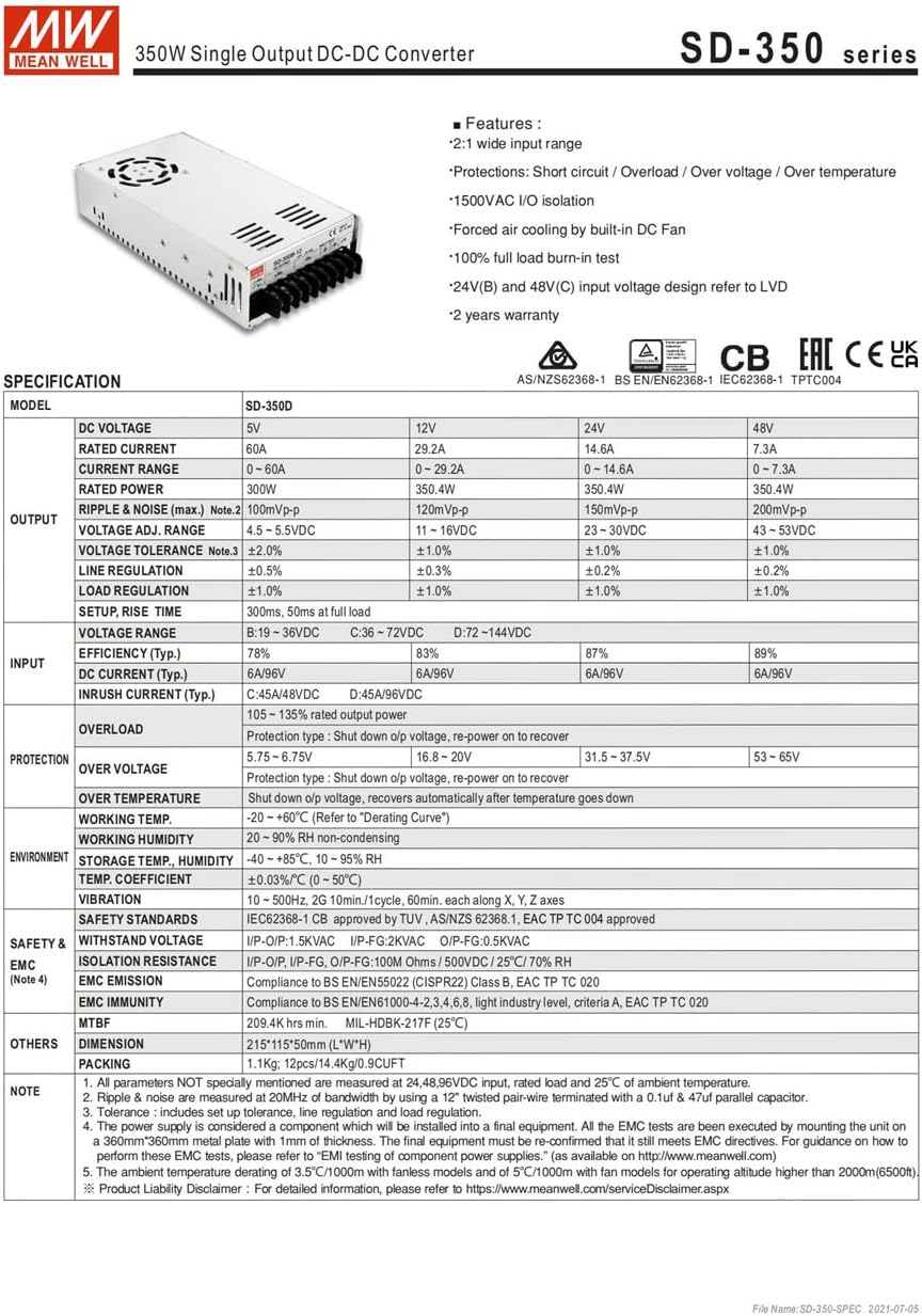 MW Mean Well Enclosed Type SD-350B/C/D-12/24/48/5V Industrial DC-DC Converter (SD-350B-5)
