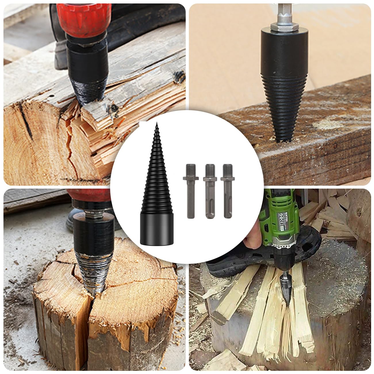 Foret fendeur de bois électrique 38 mm kit avec 4 poignées cône et tige conique