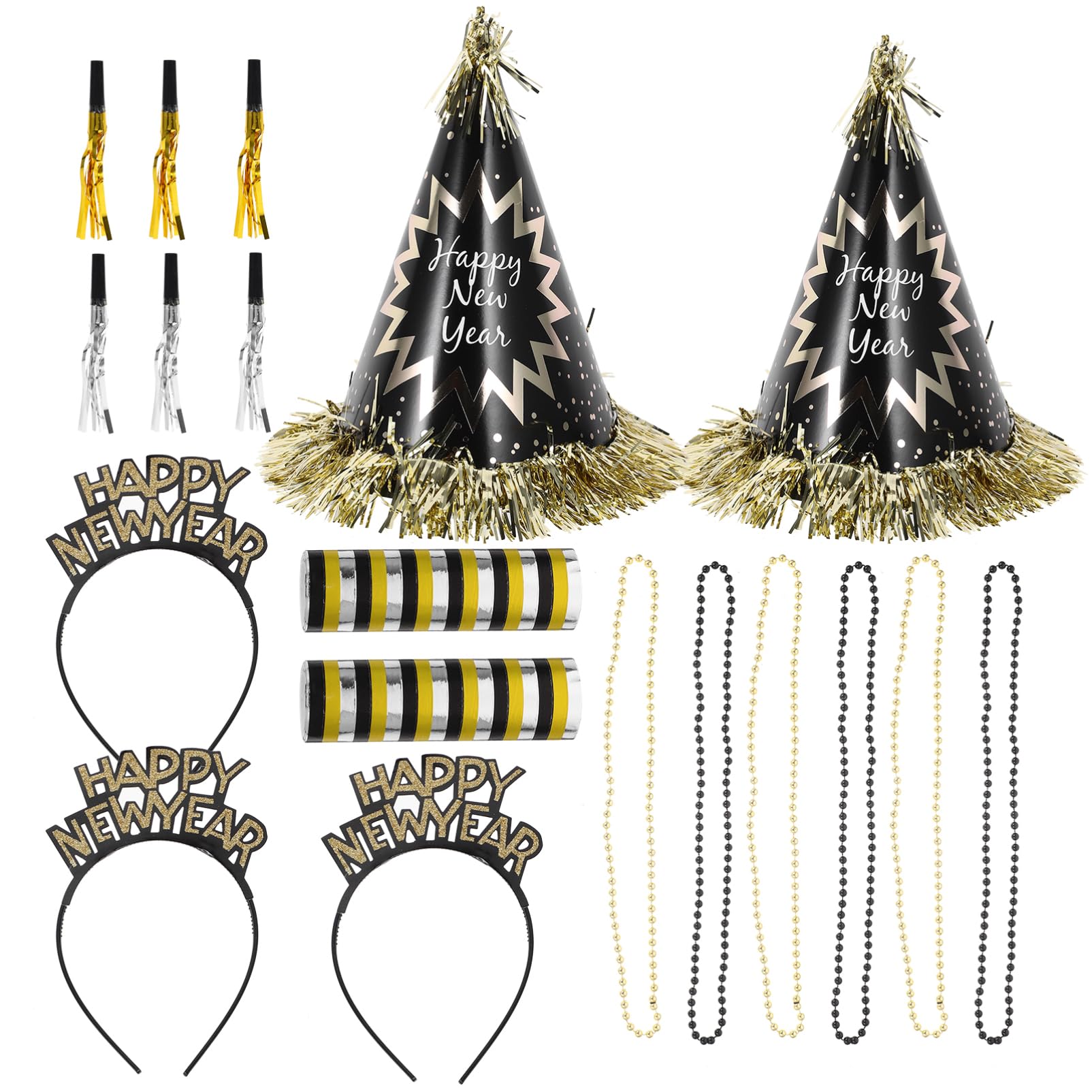 HEMOTON 1 Bolsa Sombrero de Fiesta de Año Conjunto de Decoraciones de Nochevieja Collares de Cuentas Aros el Pelo y Silbatos para Fiestas de Fin de Año Color Negro y Dorado