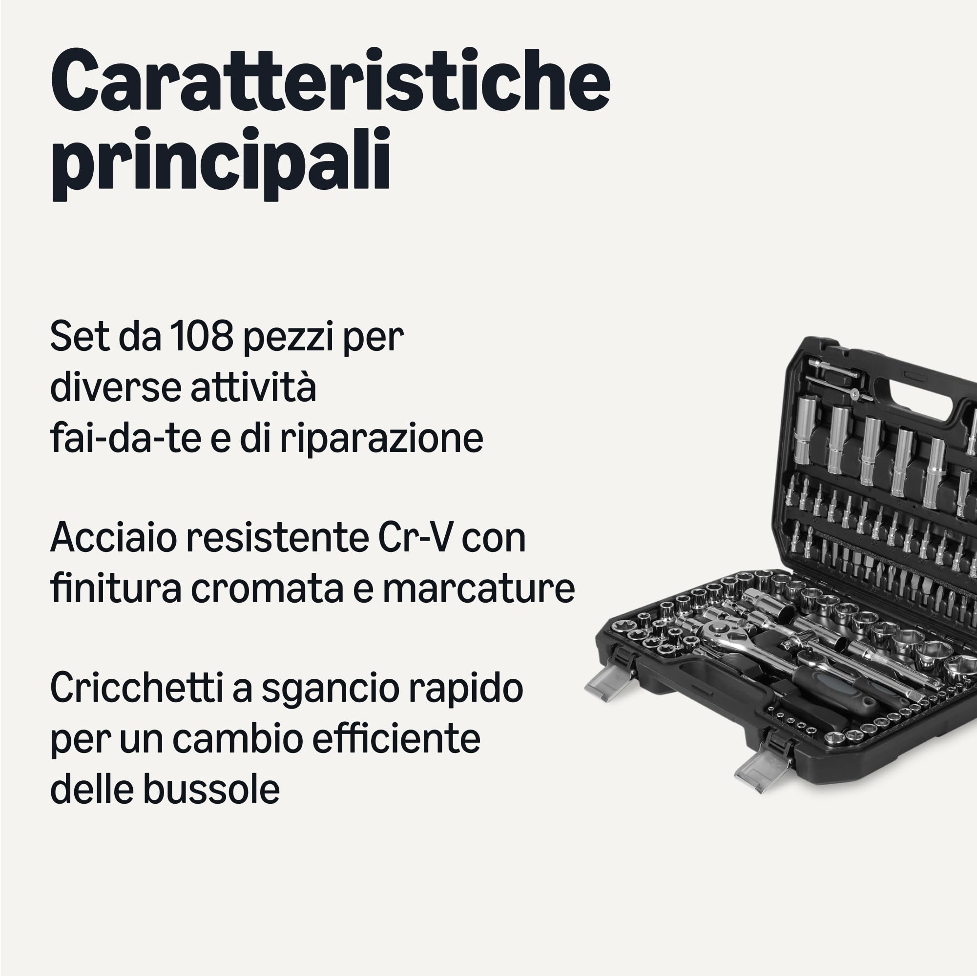 Amazon Basics Set da 108 pezzi di bussole con cricchetto, estensori e punte, con custodia