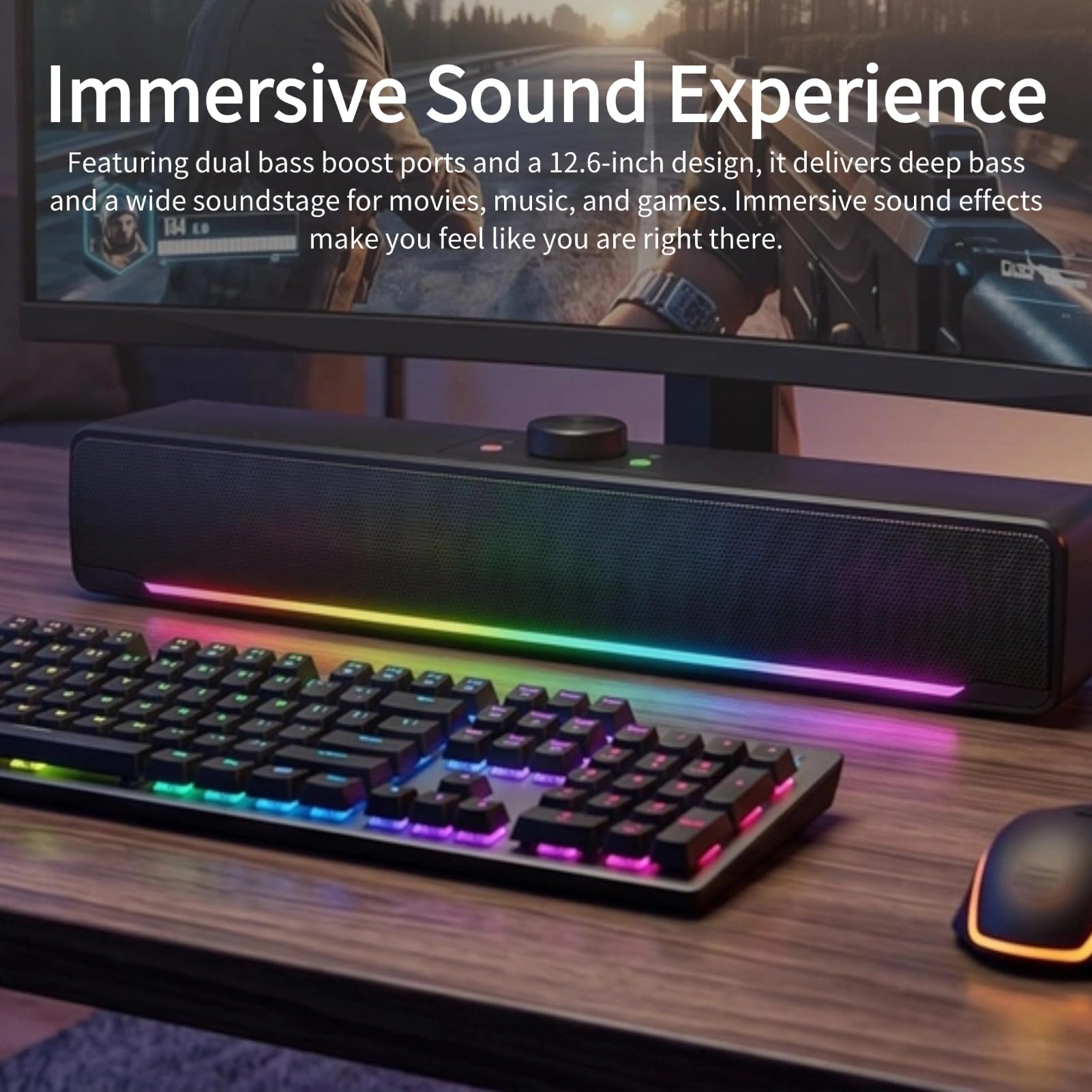 Altavoz para Ordenador, Altavoz Estéreo HiFi de Escritorio, con Iluminación RGB Dinámica y Control de Volumen Mediante Mando Giratorio, Bluetooth RGB para Juegos de