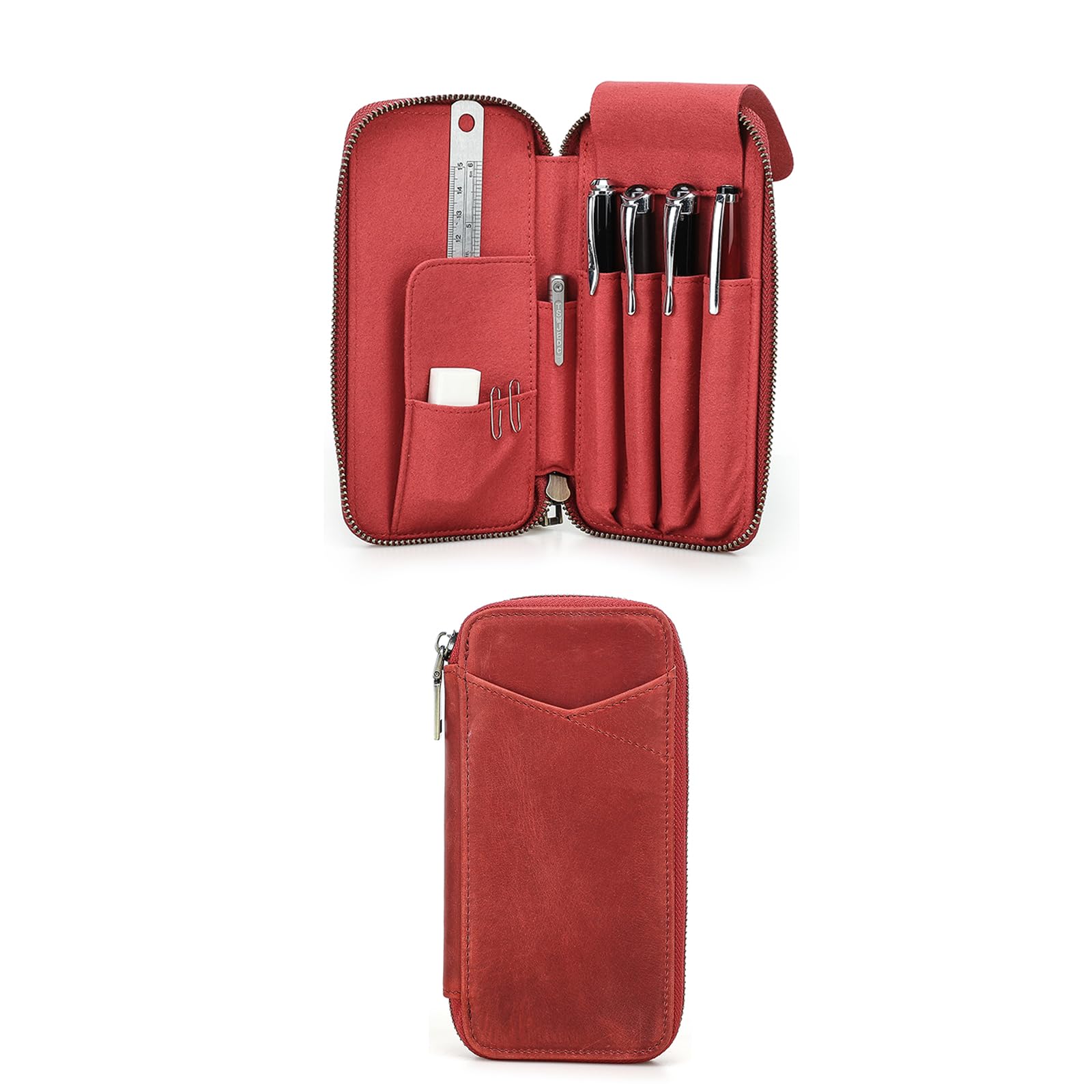 Hiram Leather 4 Pens Case Pouch, Vintage Zipper Closure Fountain Pen Box with Card Slot Handmade Pencil Organizer Multi-Function Stationery Bag for Men/Woman/Office (Red)
