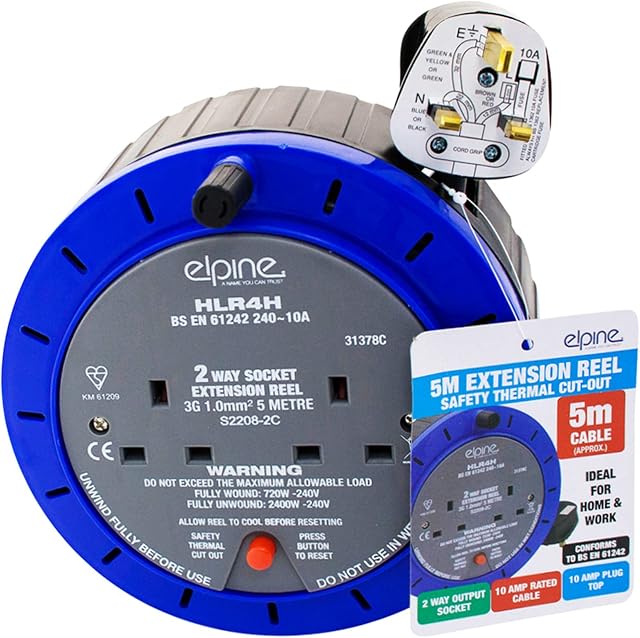 NTI 5M ELPINE | 2 Way Cable Extension Reel Heavy Duty Lead Gang Mains Electrical SOCKETS Home Office Work Industrial DIY Safety Thermal Cut-Out Reset Button UK Free P&P, Blue & Grey (5M_ELPINE_LEAD)