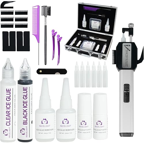 V Light Hair Extension Kit – Ice Glue Comb Line Machine Tool Set, 30g Cold Glue & 30g Remover, Professional Hair Extensions Kit for Salons