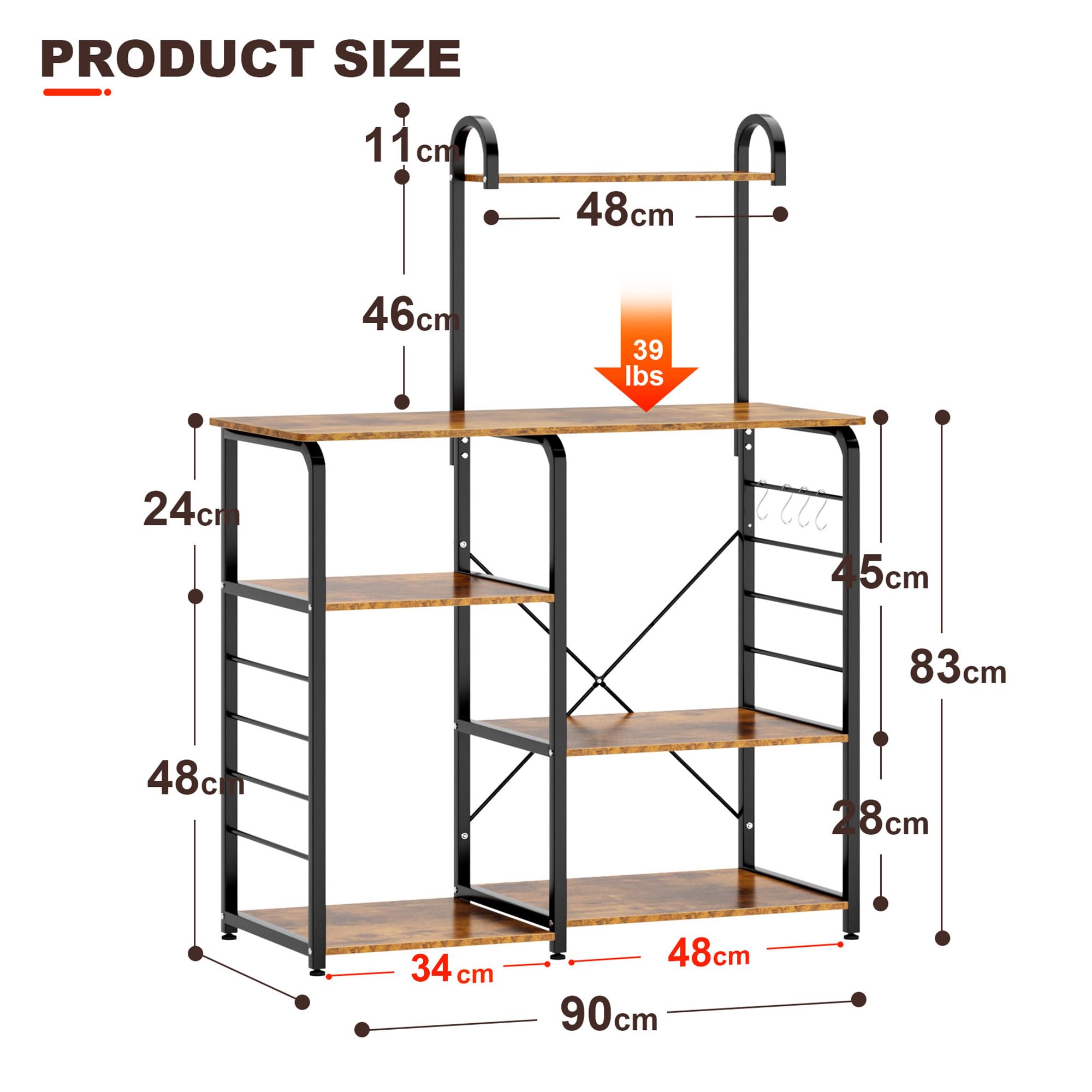 SogesHome Scaffale da Cucina,3 +3 Scaffale per Cucina in Acciaio Legno,per Cucina e Soggiorno, Marrone Vintage 90 x 42 x 133 cm,172-FG-SH