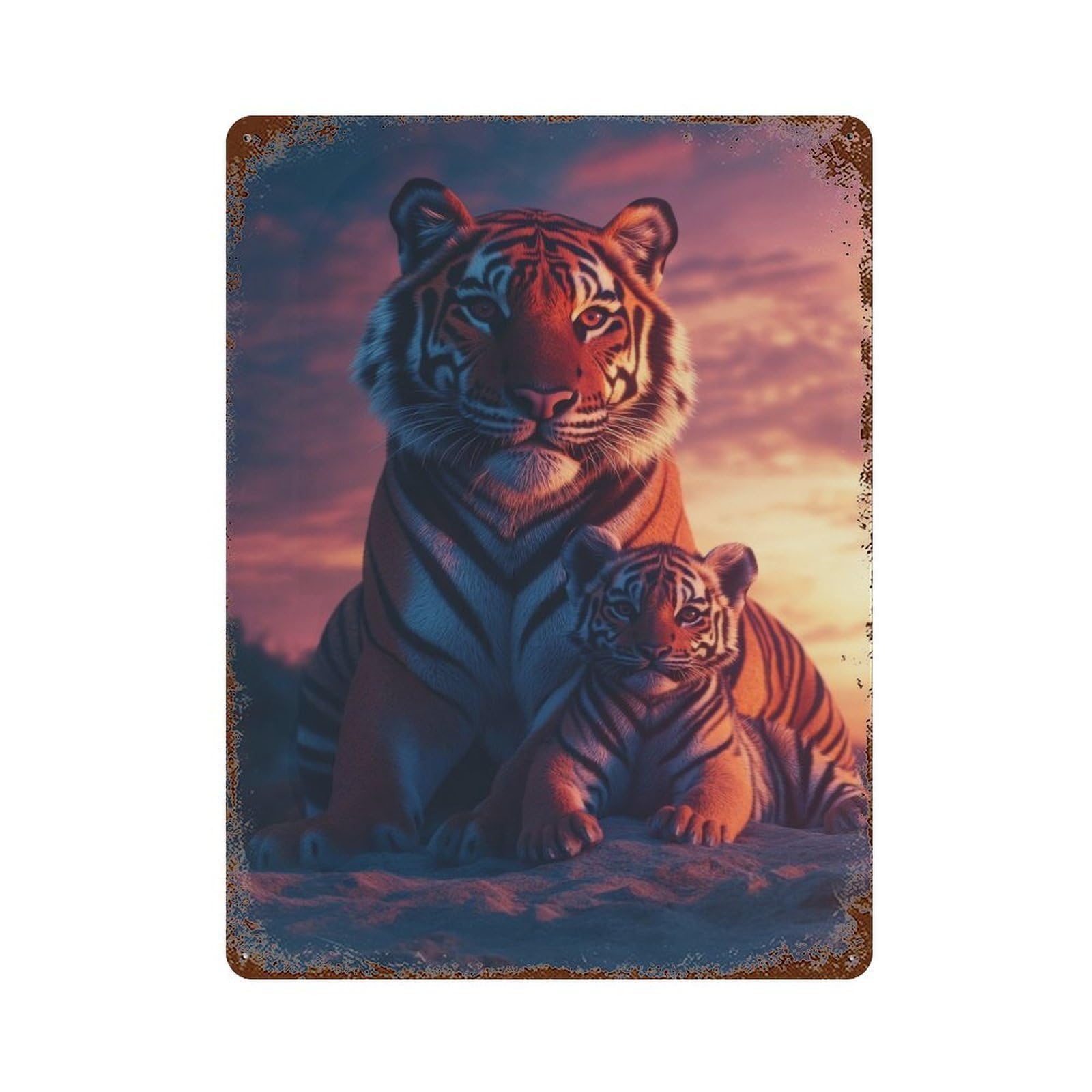 Tiger Family Sunset Rustic Tin Plaque 15.7"x11.8", for Shed, Workshop And Garage Wall Decor, Shabby Chic Decor