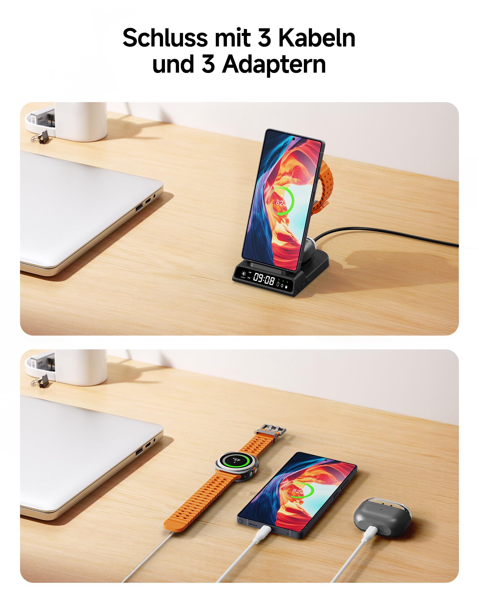Induktive Ladestation für Samsung S26 Ultra, 3 in 1 Wireless Charger für Galaxy S26+/S25/S24/S23/Z Fold 6/Z Flip 7, Kabelloses Ladegerät für Galaxy Watch 8/Ultra/7/6, Galaxy Buds 3/Pro, Ohne Adapter