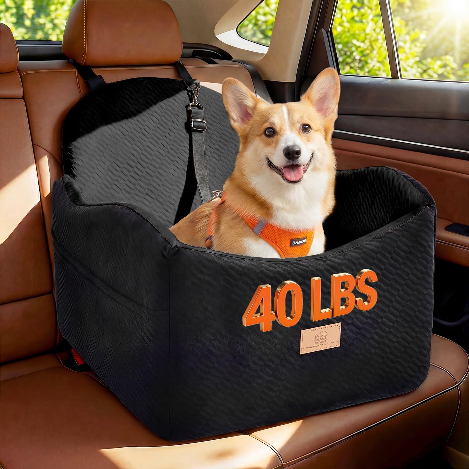 Dog Car Seat for Medium/Small Dogs, Dog Booster Car Seat, Pet Booster Seats Up to 40lbs with Waterproof Layer, 3 Storage Pockets and Safety Belt (Black)