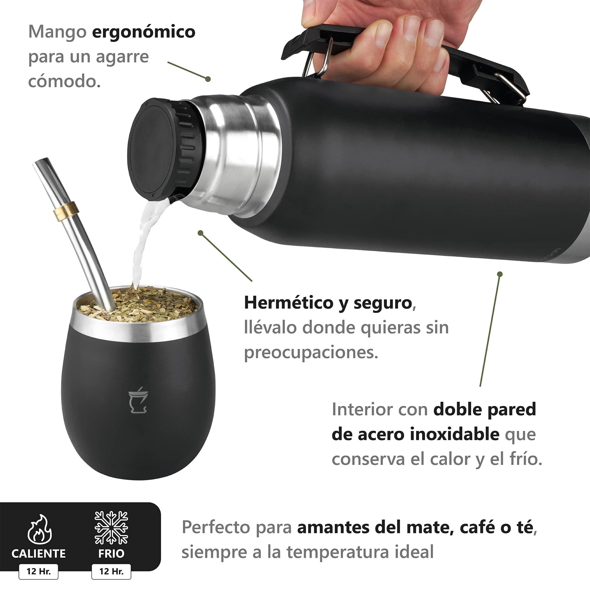 Mate Kit argentino - argentino opaco - set opaco - Yerba Mate - Lampadina opaca - Prodotti Argentina - Nero