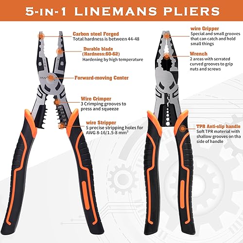 Miniatura 2 de VANJOIN Alicates Linemans de 9 pulgadas, alicates combinados de Linemans con pelador y engarzador, alicates de corte de linemans de alto