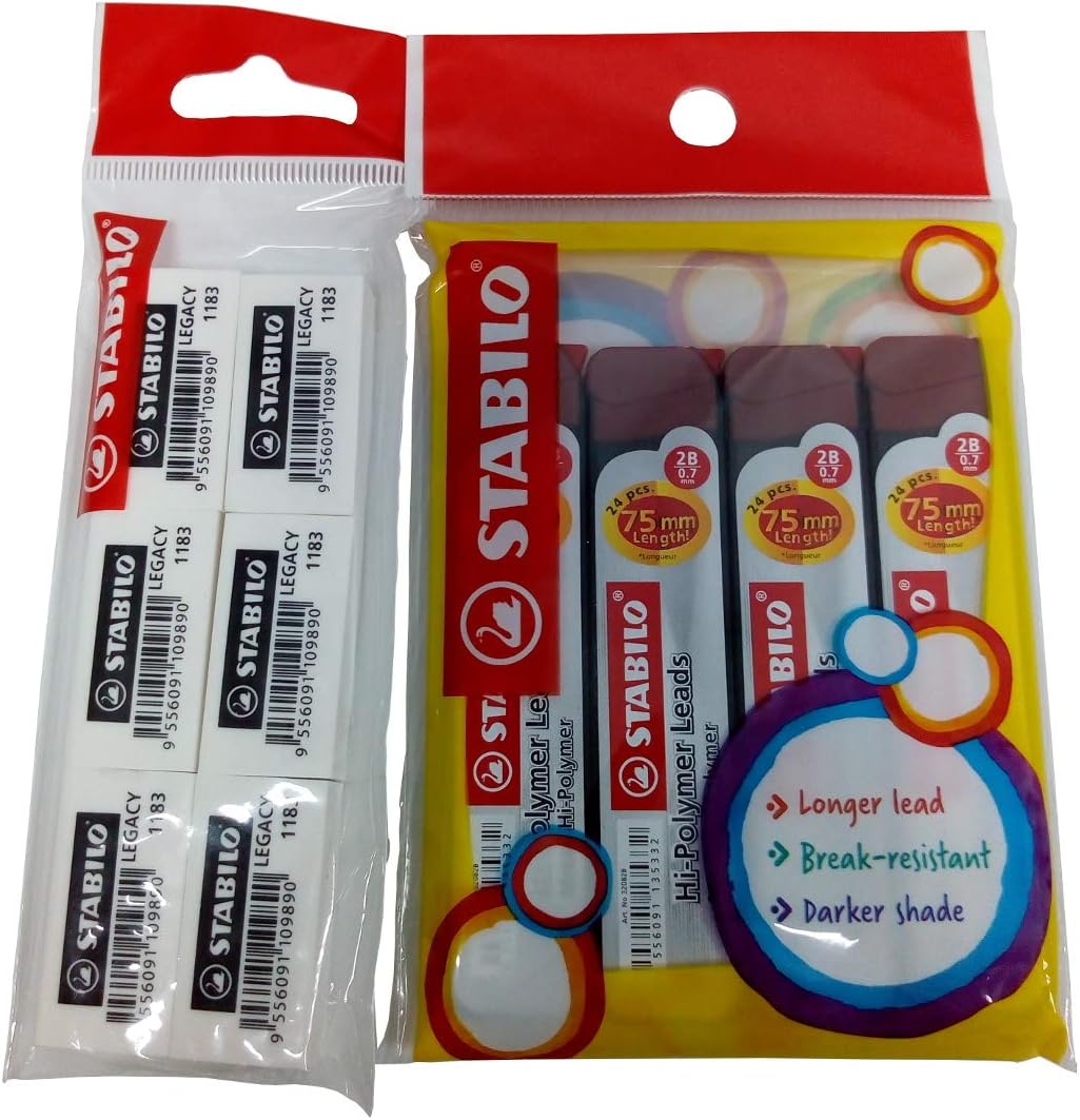 6 Stabilo Erasers, 4 Tube Hi Polimer 0.7 mm Lead Refills, 10 Items Bundle