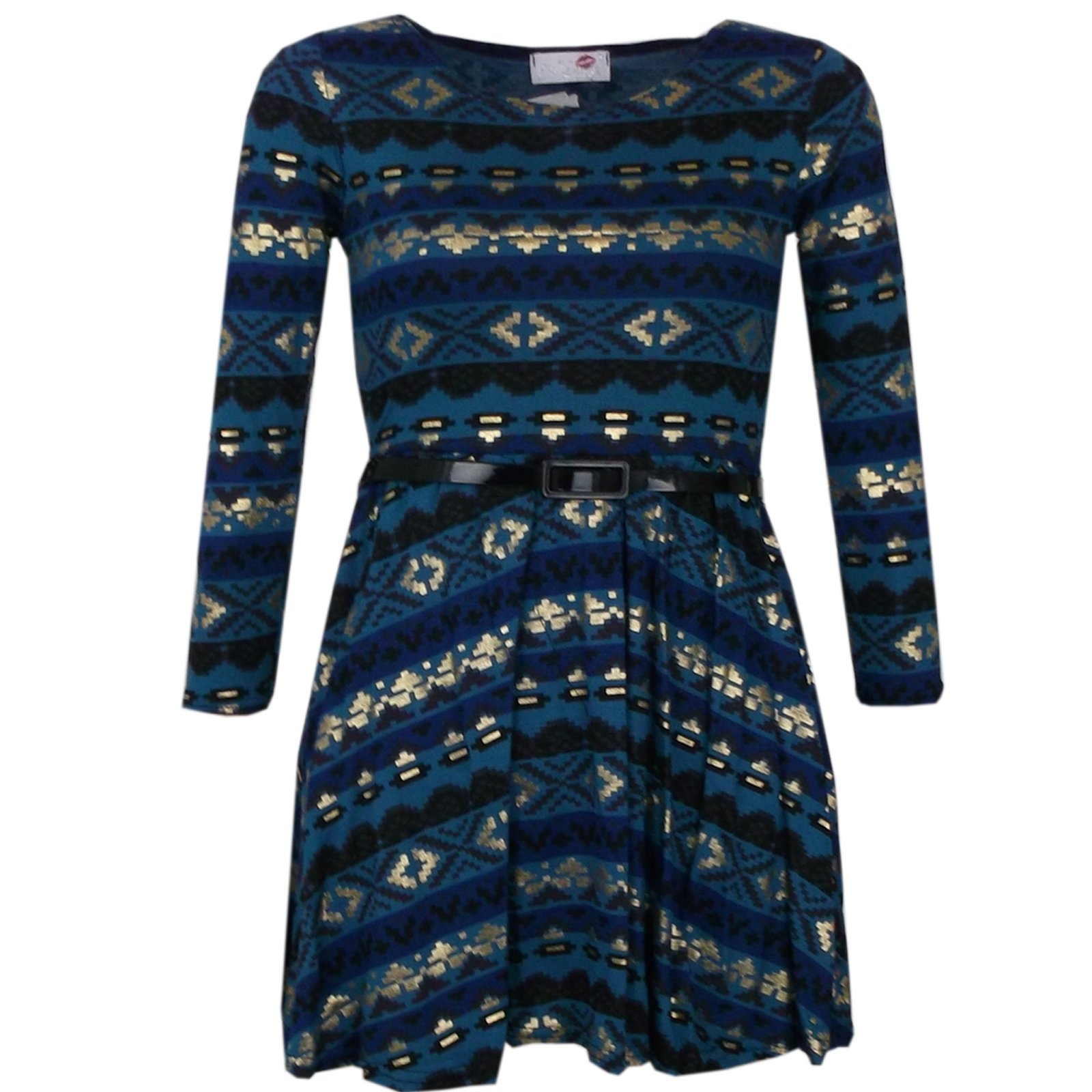 A2Z 4 Kids Girls Skater Dress Aztec Teal Blue Kids Party Trendy - Aztec Teal Blue Skater 9-10