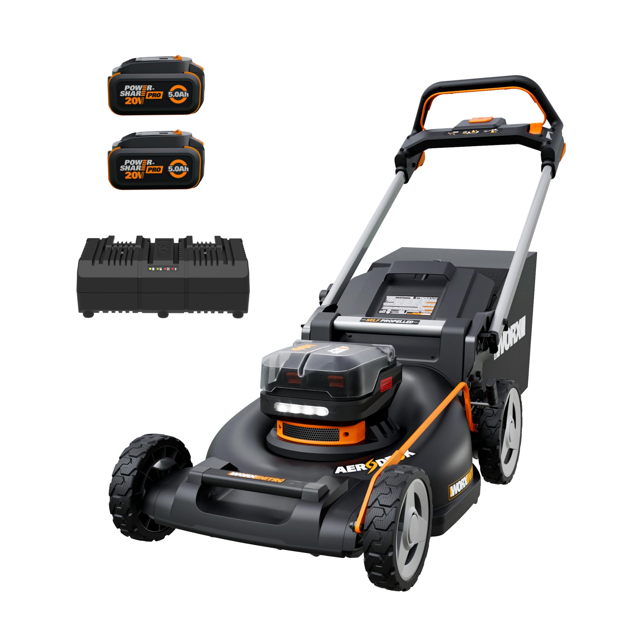 WORX WG760E 40V Akku-Rasenmäher 51cm, bis max.600 m², bürstenloser Motor, 80L Fangkorb, 7-fache Schnitthöhe, Selbstantrieb, IntelliCut & 3-in-1 Funktion, inkl. 2X 5.0Ah Akkus & Dual-Ladestation