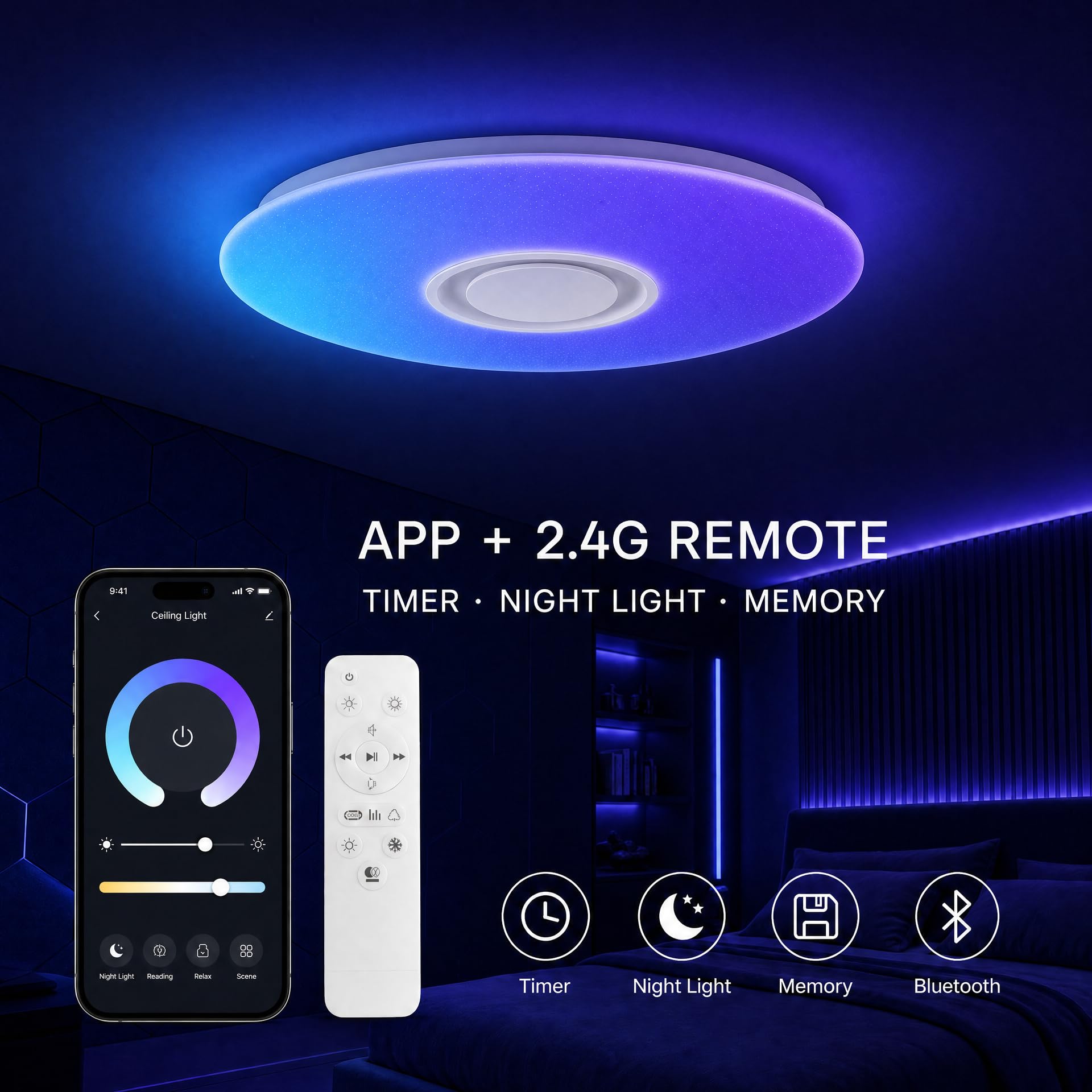 LED Plafoniere a led da Soffitto Telecomando Luci with Bluetooth Oratore Multi Color Cambiamento e Dimmerabile, 36W 50cm, Bianco/Caldo 3000K-6500K, 3000LM, Smartphone APP (, Certificato CE)