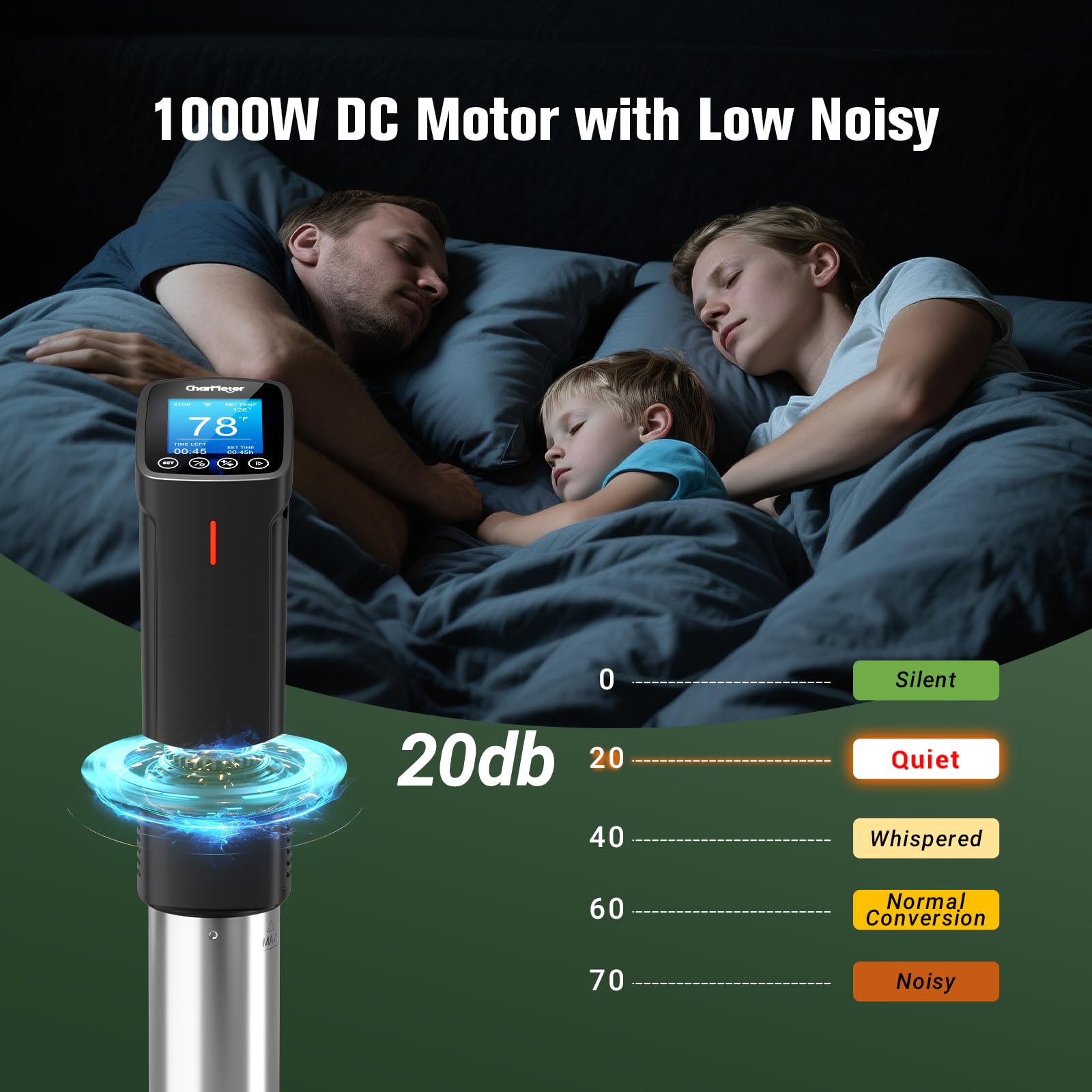 2,4 g Wifi Sous Vide Cooker CharMeter Sous Vide Machine CSV-100-W, 1000 vatios Sous-Vide Cooker Control de aplicación con 14 recetas preestablecidas, función de calibración, calentamiento rápido con