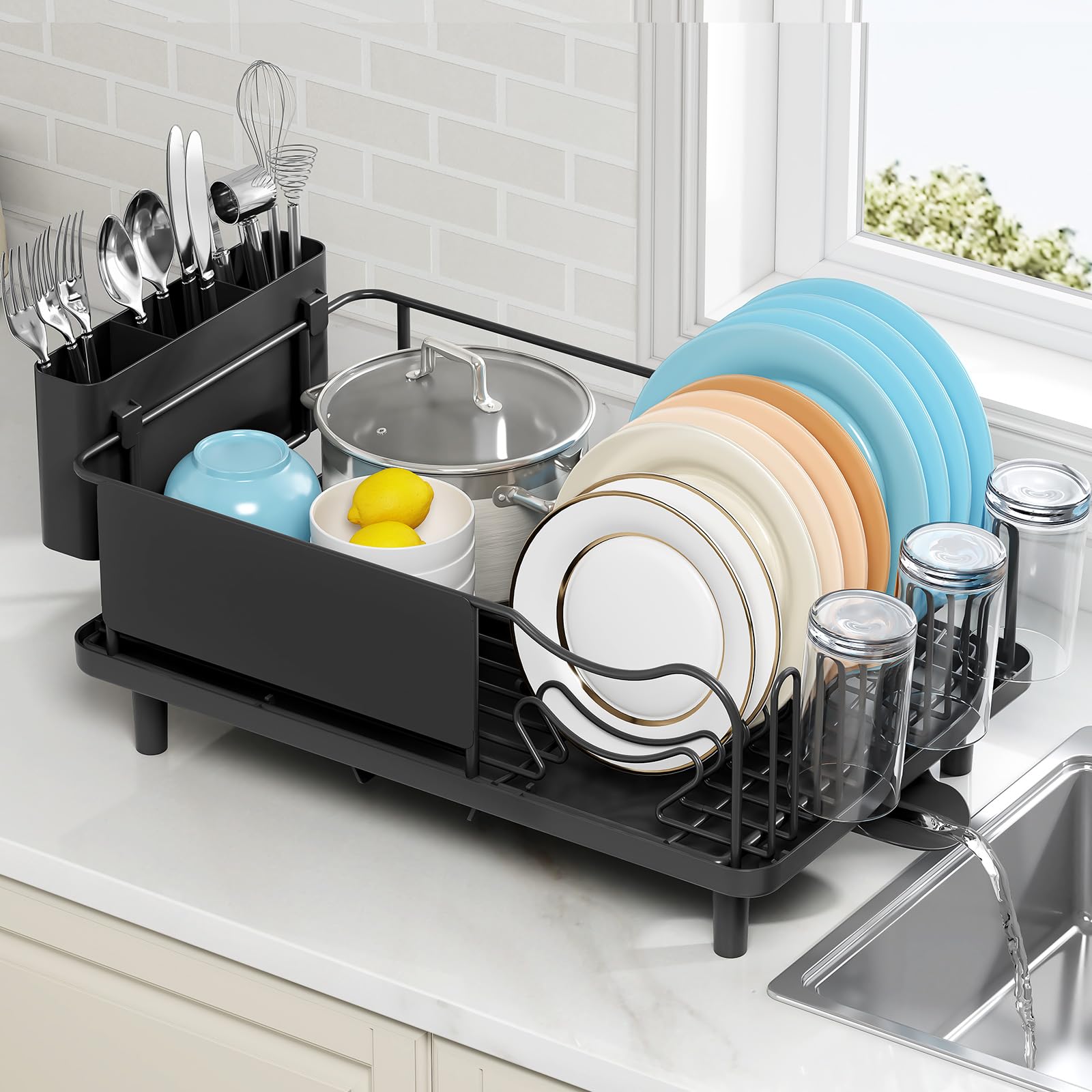 Dish Drainer Rack, Stainless Steel Dish Rack, Draining Board Rack with Anti-Rust Frame, Optional 2 Direction Spout Sink Drain Board Design, Removable Large Utensil Holder for Kitchen, Black