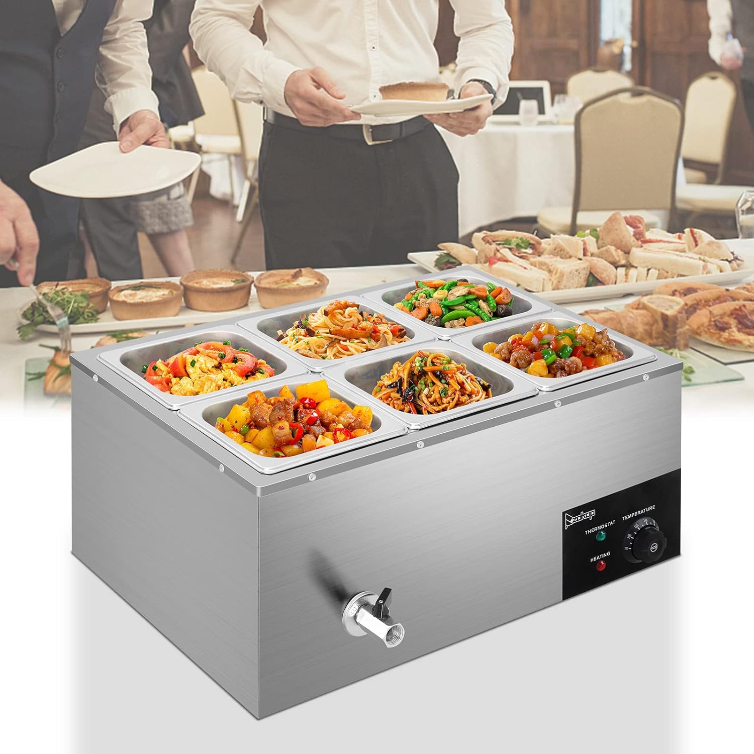 Winado 110V 6-Pan Commercial Food Warmer, 19QT Electric Steam Table 6 Inch Deep, 1200W Countertop Stainless Steel Food Soup Buffet w/Temperature Control & Lid for Catering, Restaurant, Party