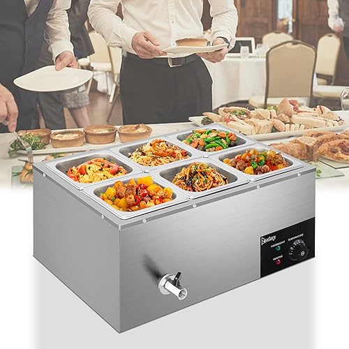 Miniatura 6 de Winado Calentador de alimentos comercial de 110 V, 6 sartenes, mesa de vapor eléctrica de 19 cuartos de galón, 6 pulgadas de profundidad, encimera