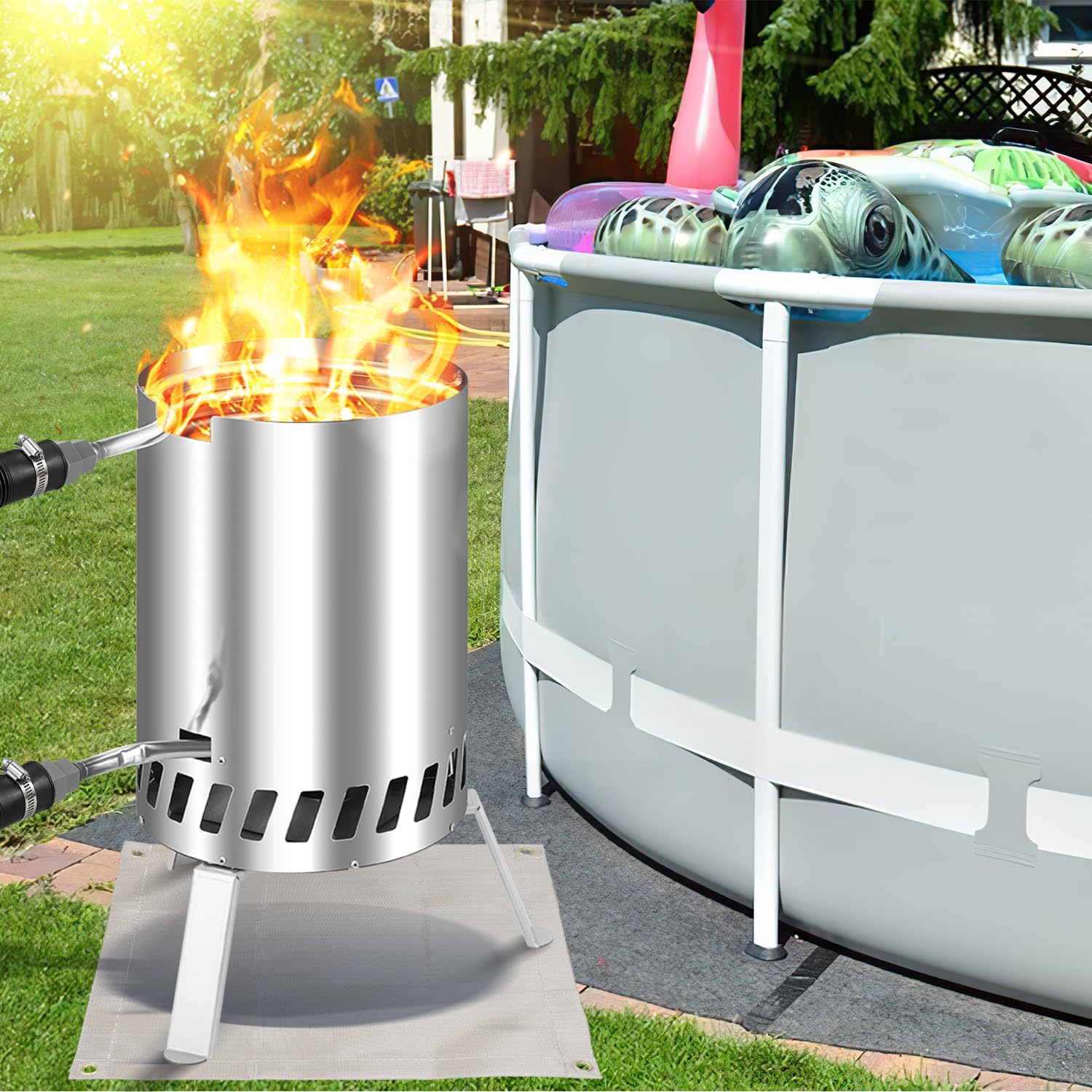 2 x riscaldatori per piscina in legno, con fuoco, in acciaio inox, con connettori da 32 – 38 mm, resistente al calore fino a 300 °C, con tappetino ignifugo e vassoio