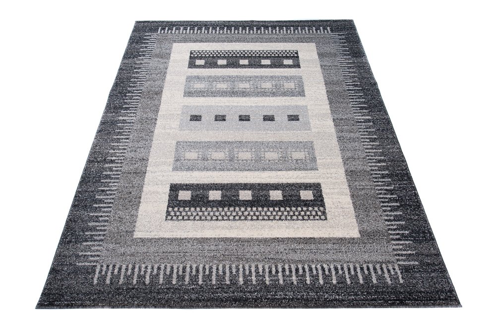Tapiso® Dywan Sari z krótkim włosiem | melanżowy designerski dywan w kolorze szaro-białym, czarnym, z abstrakcyjnym wzorem w paski, karo, diamenty, idealny do salonu, pokoju gościnnego, jadalni, Ökotex 140 x 190 cm