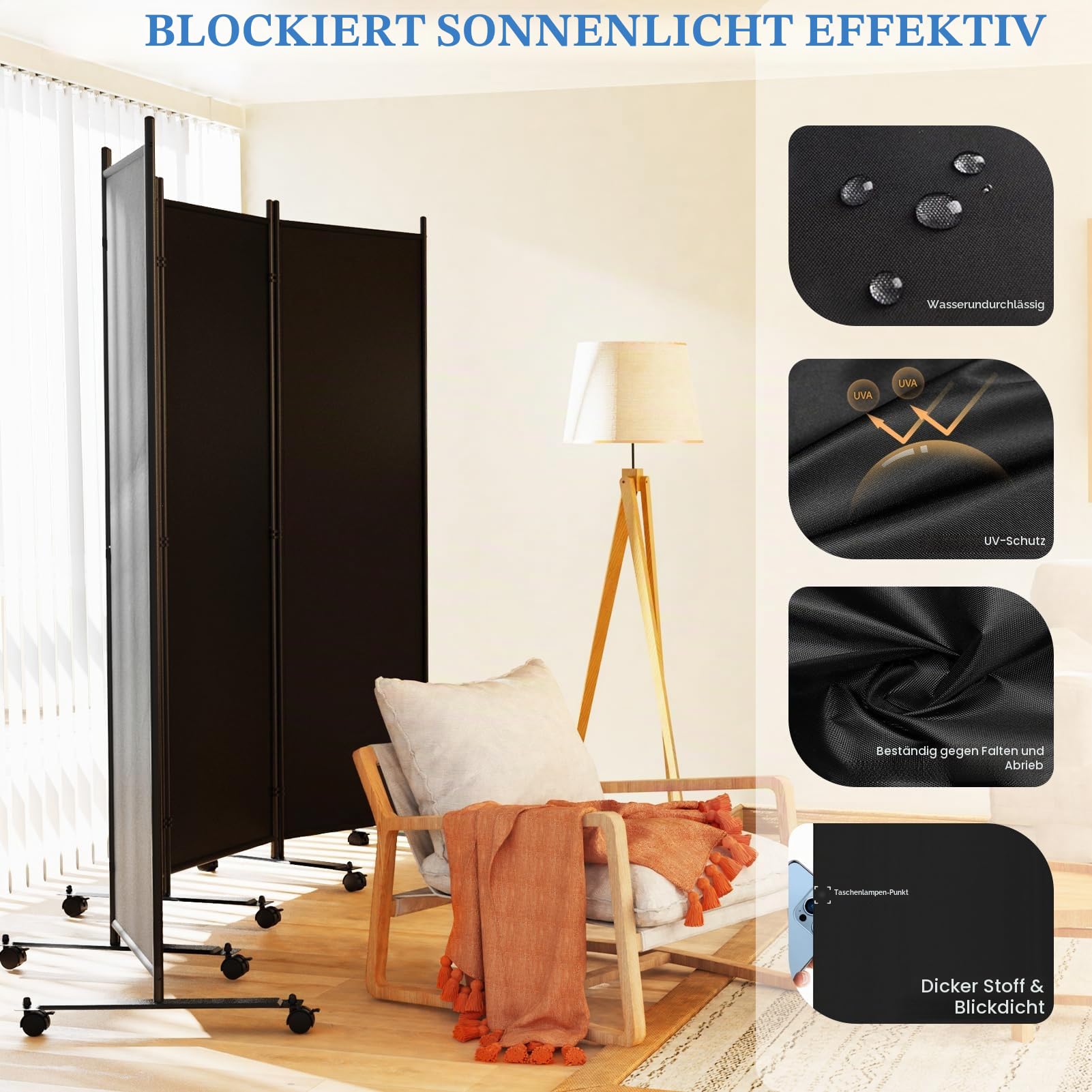 WELDUN Raumteiler mit Rädern 4 teilig 223,5 cm x 183 cm Paravent Trennwand, Klappbar Sichtschutz Raumtrenner beweglich, Schwarz