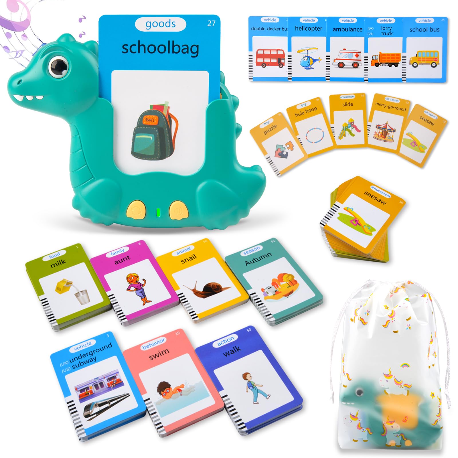 510 Words Flash Card British Speaking, Play Kids 2 Years, Preschool Toys to Listen and Learn,Green