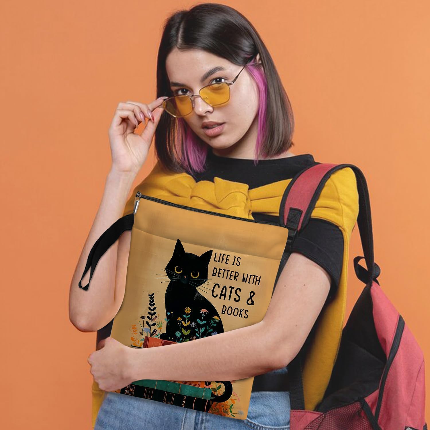 Funda para libro de gatos, fundas de libros para libros de tapa blanda, fundas para libros con cremallera, regalos para amantes de los gatos, regalos temáticos de gatos para mujeres, profesores, hija,