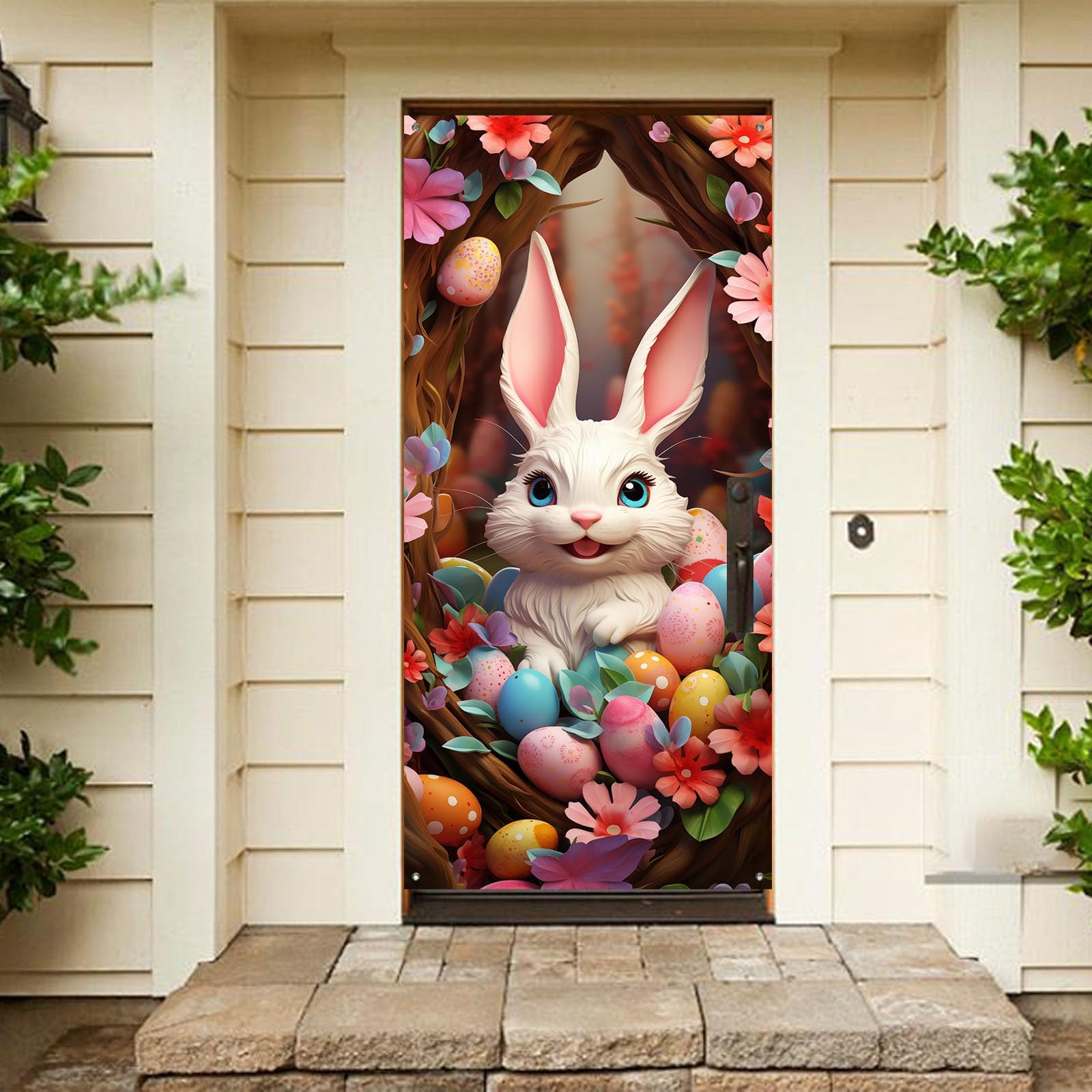Easter Bunny Door Cover Happy Easter Door Decorations Bunny Banner Easter Spring Large Fabric Easter Door Cover Background for Easter Party Photo Booth Background Favor Supplies