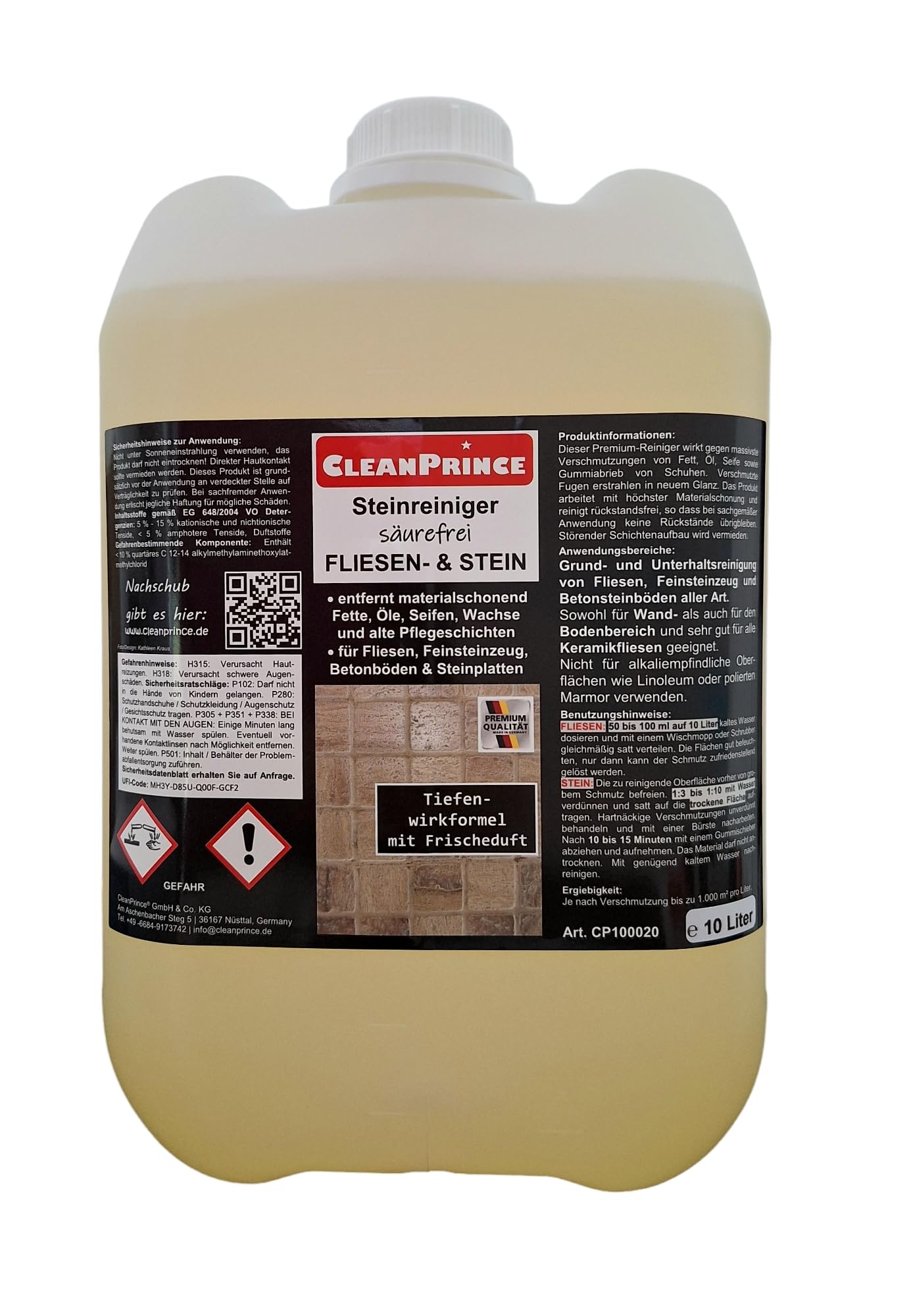 Nettoyant Sols 6L Carrelage Pierre PVC - Brillant Cleanprince Fabriqué Allemagne