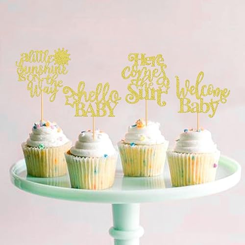Miniatura 4 de Paquete de 24 adornos para cupcakes con texto en inglés A Little Sunshine is On The Way, Here Comes The Sun, Here Comes The Sun, para bodas, baby
