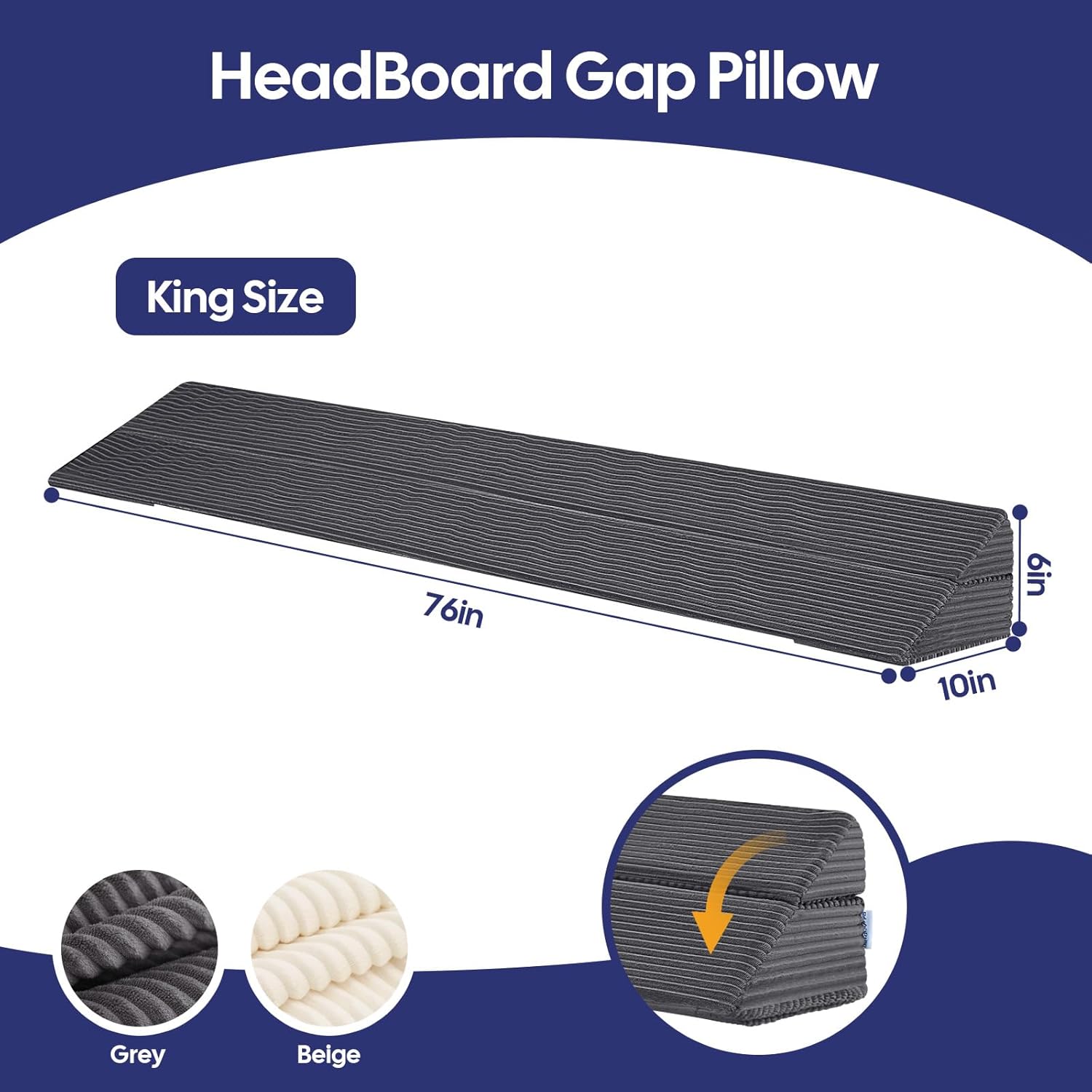 Bed Wedge Pillow for Headboard Gap Filler, King Bed Gap Filler Mattress(0-7''), Foldable Wedge Pillow Headboard with Side Pocket, Prevents Items from Falling, Corduroy, Dark Grey