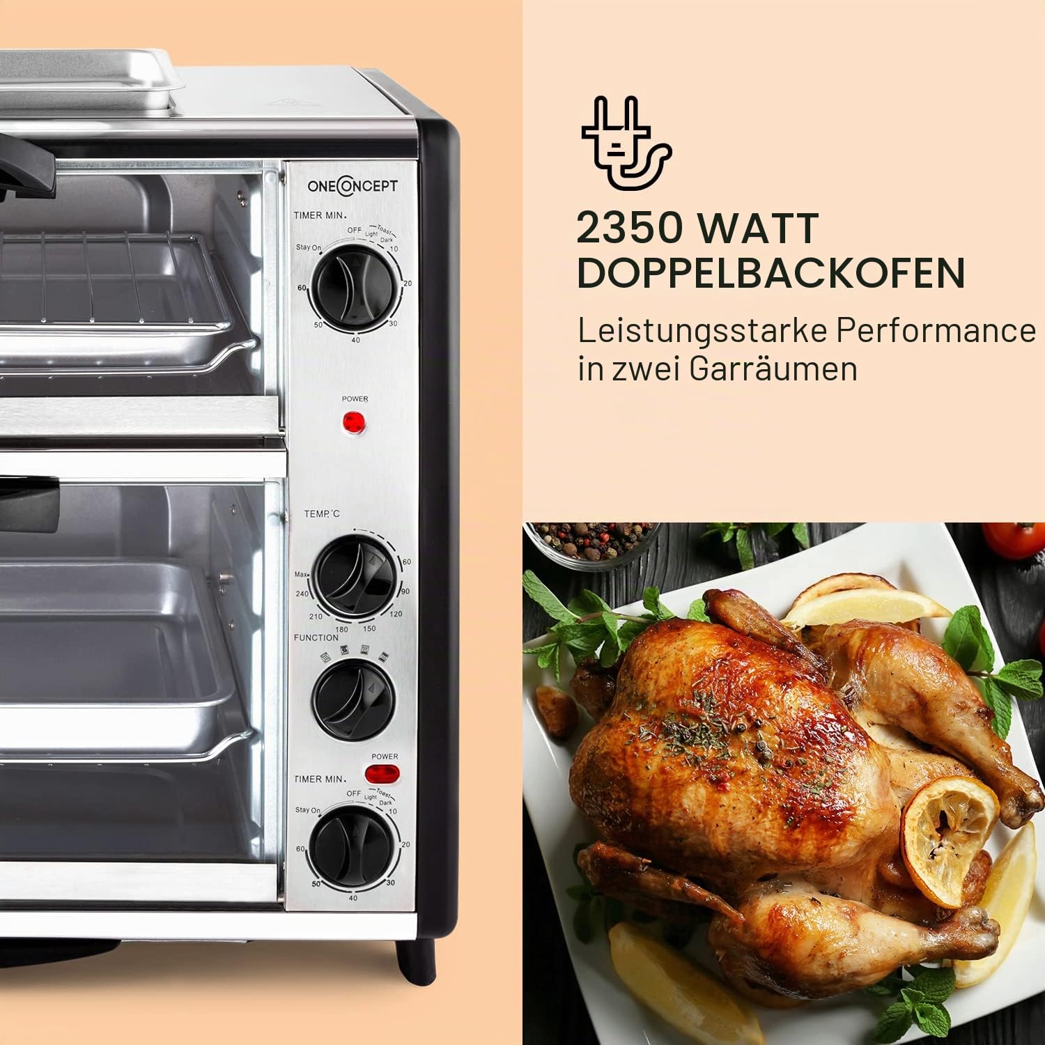 oneConcept All-You-Can-Eat Doppel-Backofen 42L 2400W Edelstahl silber