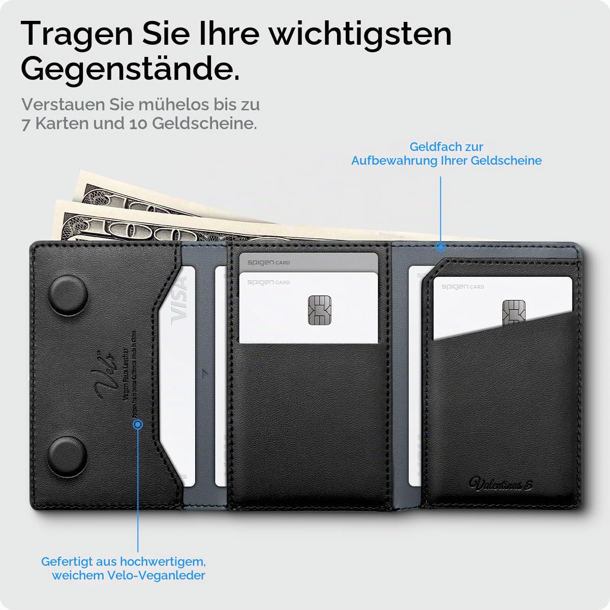 Spigen Valentinus S MagFit Magsafe Wallet 7 Kartenfächer, Geldscheinfach, Apfelleder, RFID-Schutz, Multifunktionaler Ständer für iPhone 17/16/15, MagSafe-Modelle, Google Pixelsnap - Schwarz