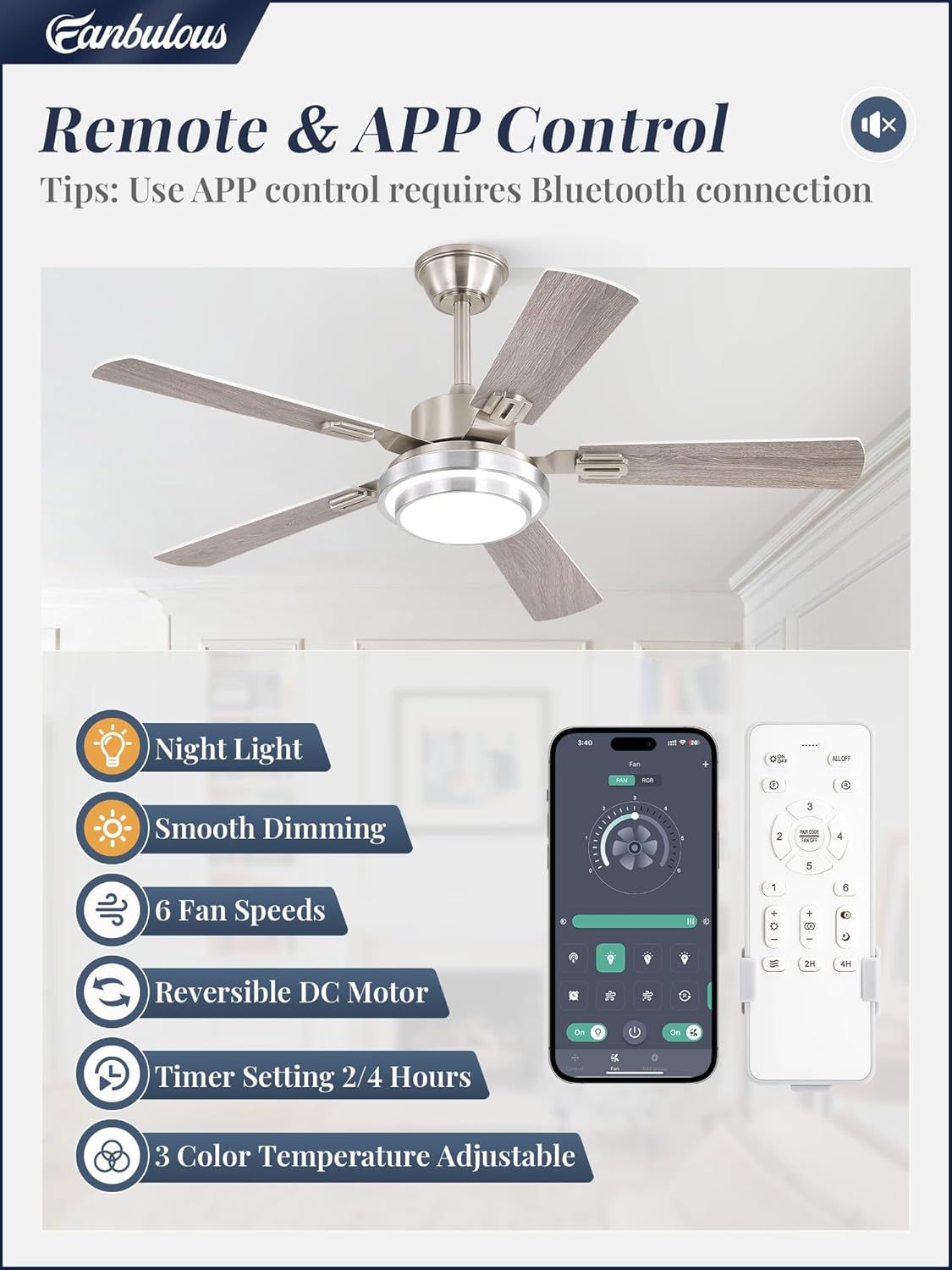 Fanbulous 48 Inch Ceiling Fans with Lights and Remote, Brushed Nickel Ceiling Fan with 8 Dual-Color Blades, Indoor/Outdoor Large Ceiling Fans, Reversible DC Motor, 6-Speed, 3CCT for Living Porch Patio 48 INCH Brushed Nickel 1