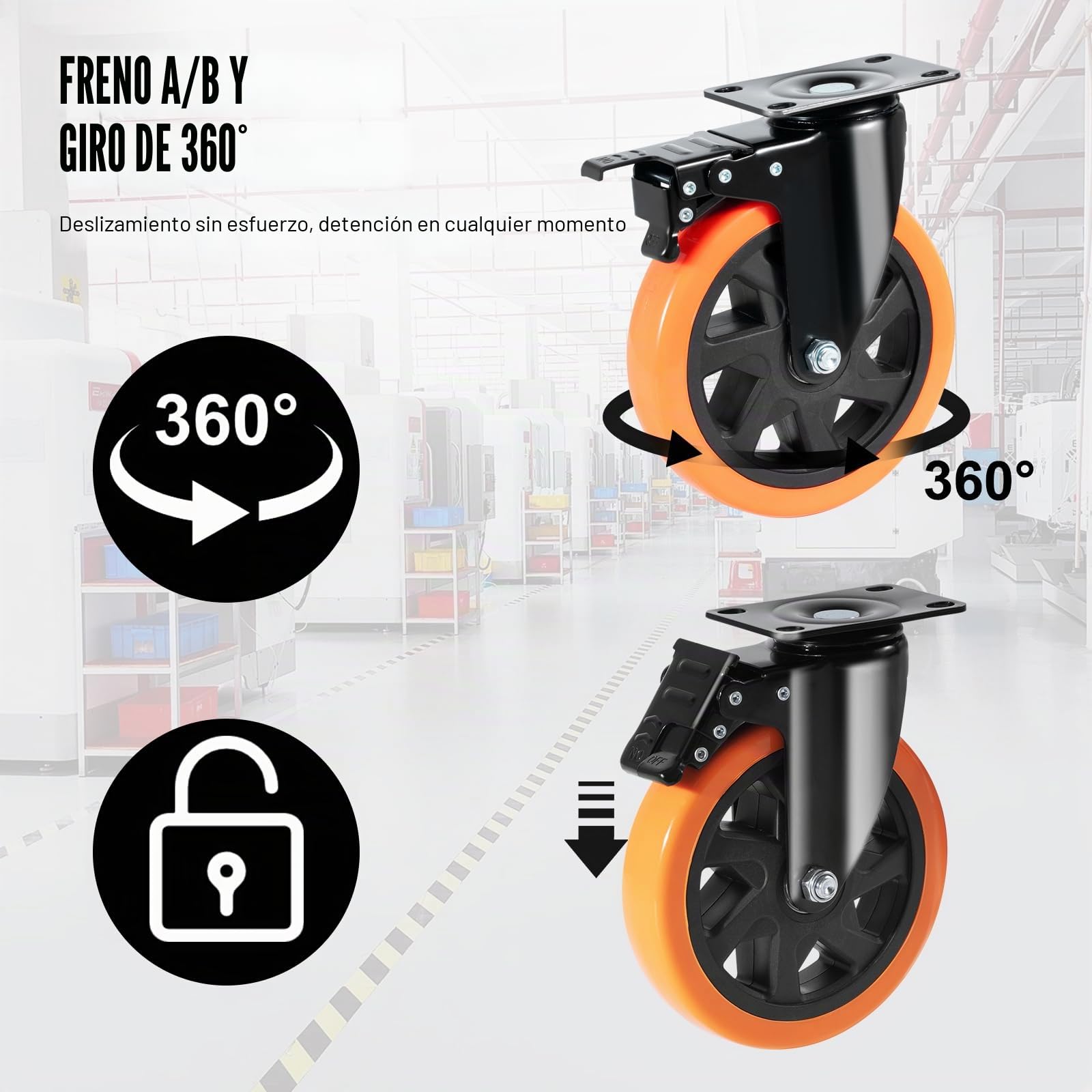 VEVOR Ruedas Giratorias con Placa Juego de 4 Ruedas para Muebles, Ruedas Silenciosas de PVC de 152,4 mm con Freno de Bloqueo A/B, Capacidad de Carga de 318 kg por Rueda para Carros de Banco de Trabajo