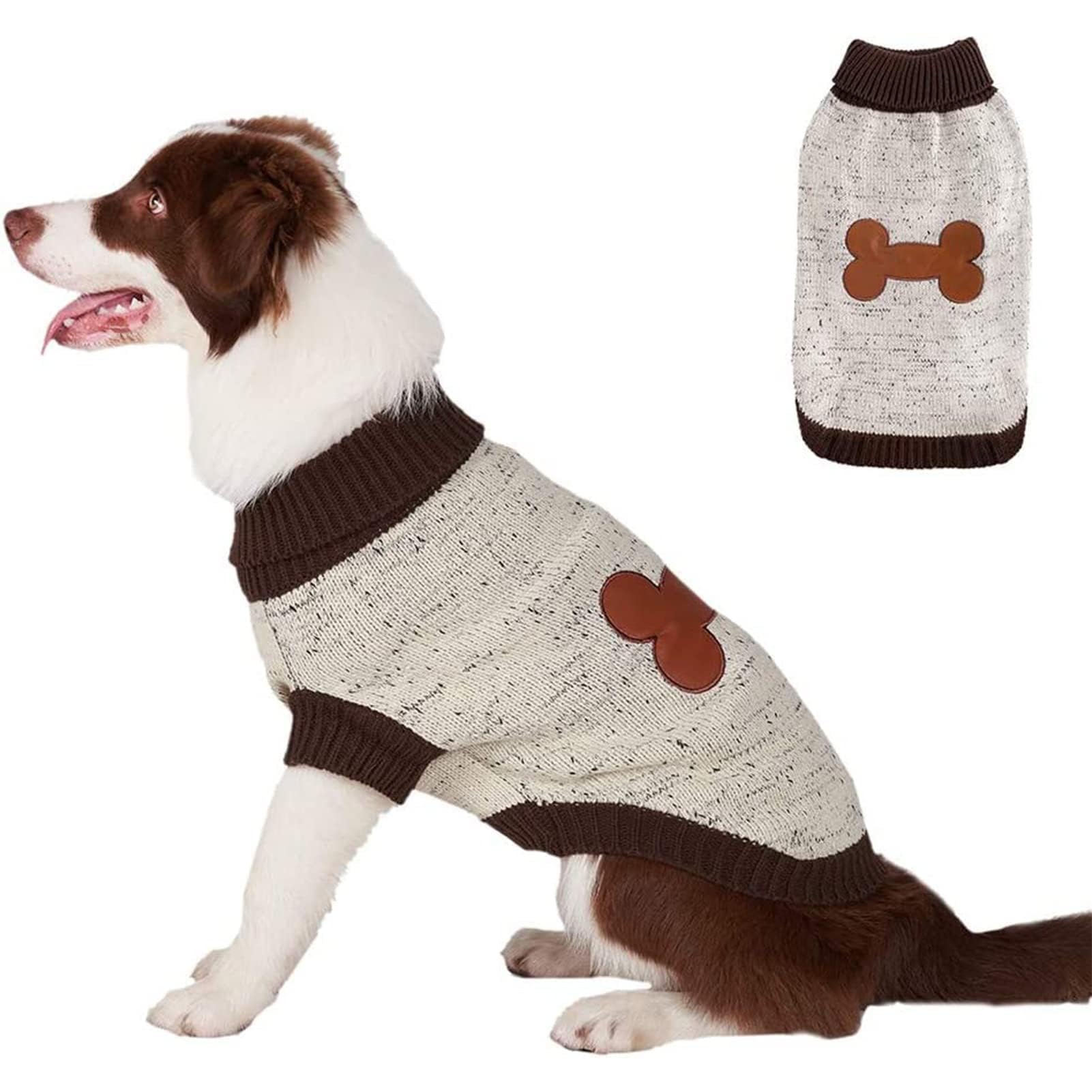 BINGPET Turtleneck Dog Sweater Brown Bone Pattern, Puppy Winter Warm Cloth for Small Medium Large Dogs